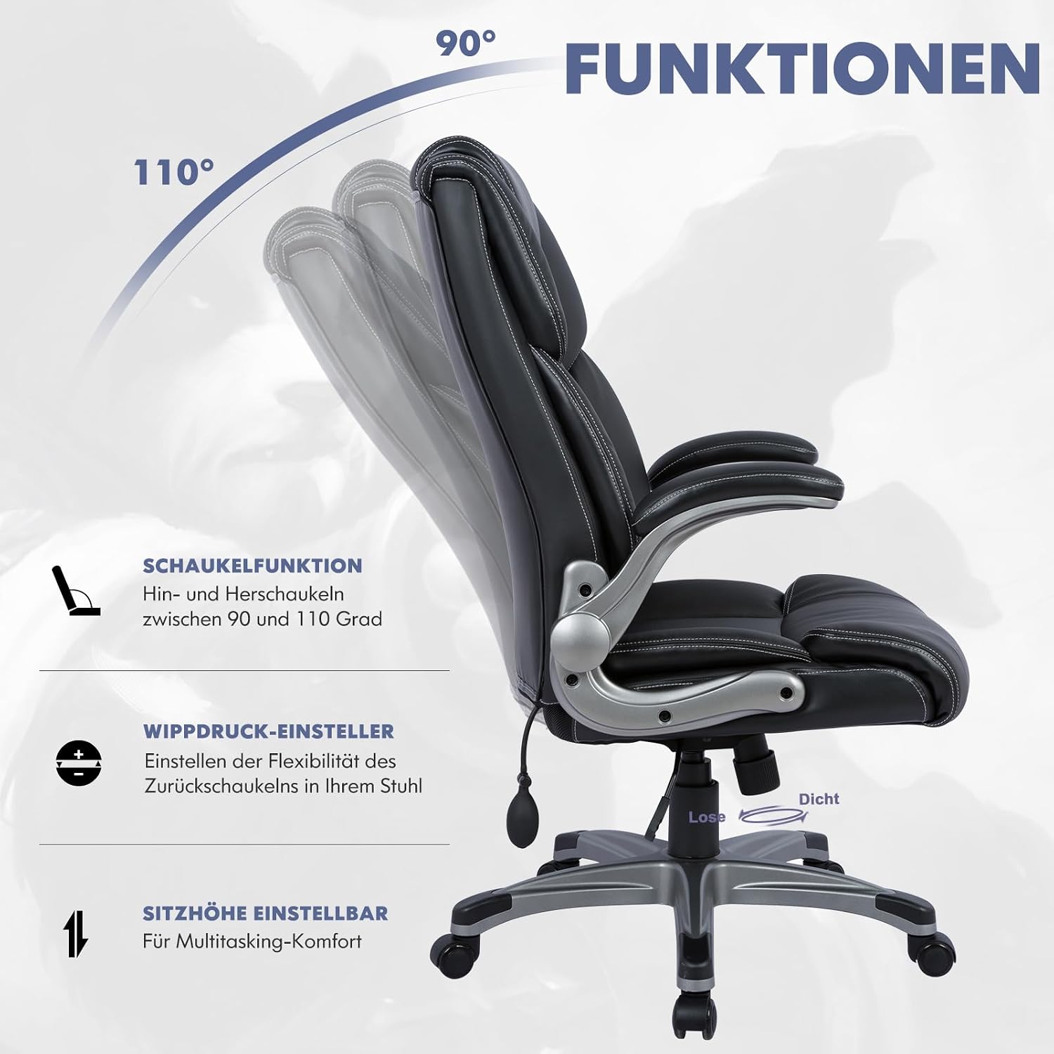 COLAMY Bürostuhl mit Hoher Rückenlehne, Ergonomischer Computer-Schreibtischstuhl, Lederstuhl mit Gepolsterten Klapparmlehnen, Verstellbarer Neigungsverschluss, Drehstuhl für Erwachsene, Schwarz – Bild 4