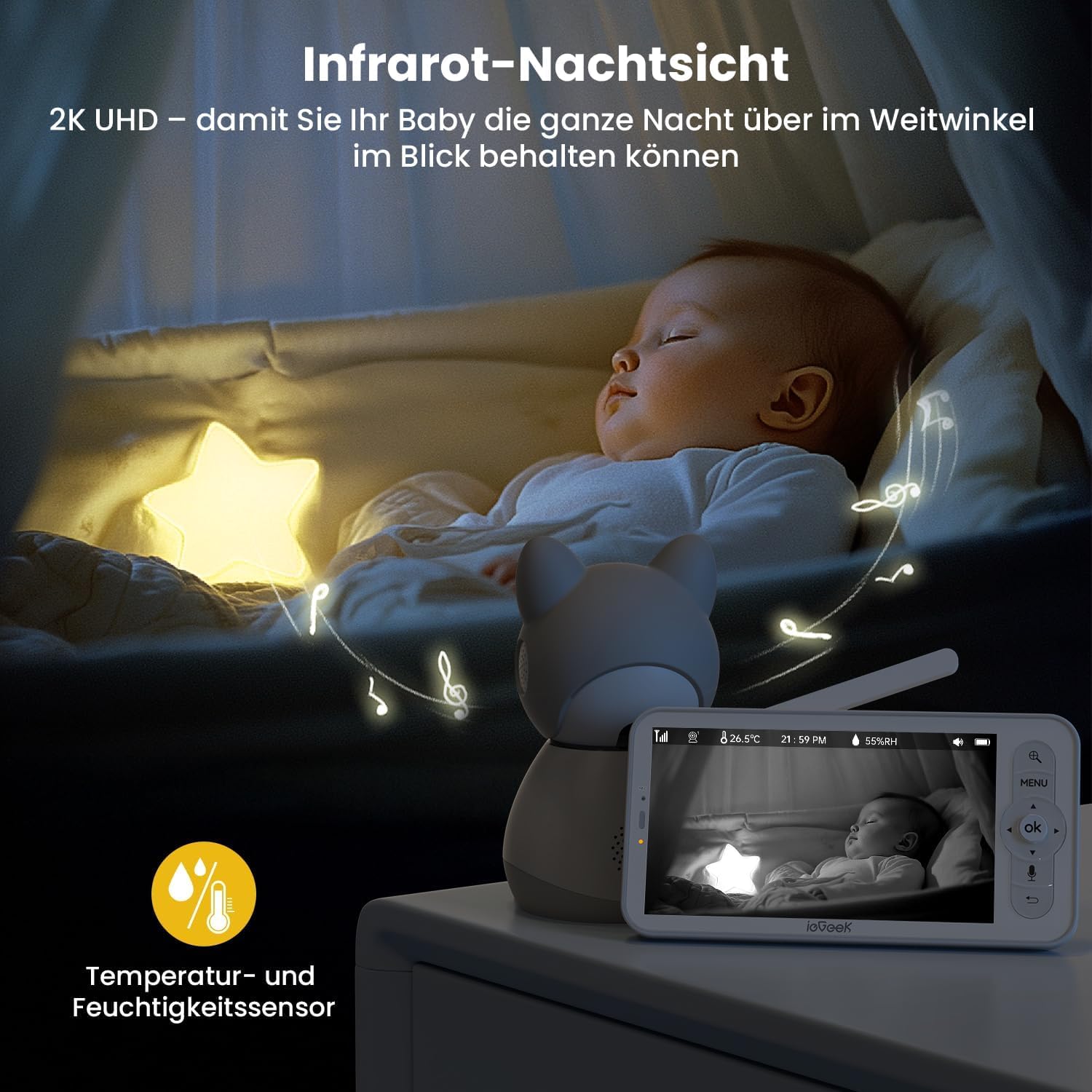ieGeek 2K Babyphone 2 Kameras 5" WLAN Nachtsicht, App, PTZ, Zwei-Wege-Audio – Bild 2
