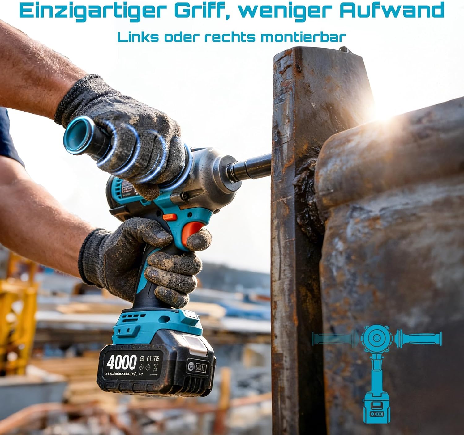 Seesii Akku Schlagschrauber 1600Nm, 1/2" Hochleistungs Drehschlagschrauber mit abnehmbarem Griff, 21V Akkuschlagschrauber & 2×4,0Ah Batterien für Auto, Pickup, Rasenmäher, Industriearbeiten – Bild 3