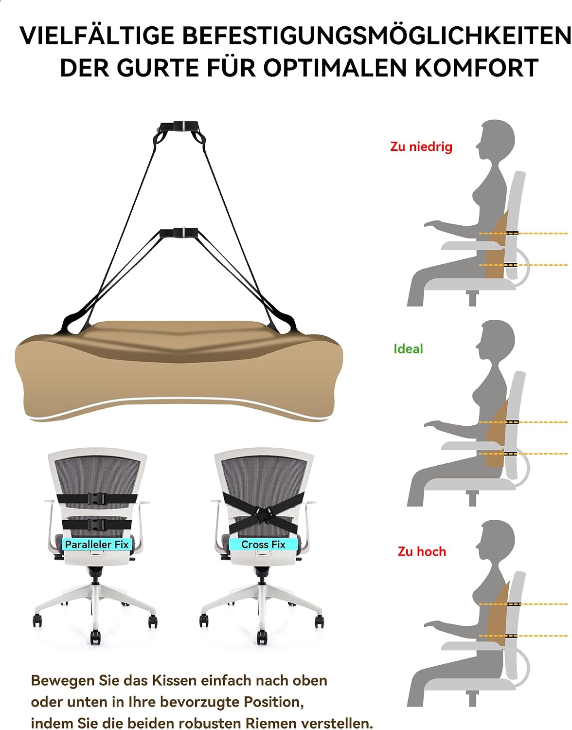Travel Ease Ergonomisches RückenKissen aus Memory Foam, Lendenkissen für Bürostuhl, Schreibtischstuhl, mit Antistatischem, hautfreundlichem Bezug und für eine Bequeme Sitzhaltung (Khaki) – Bild 6