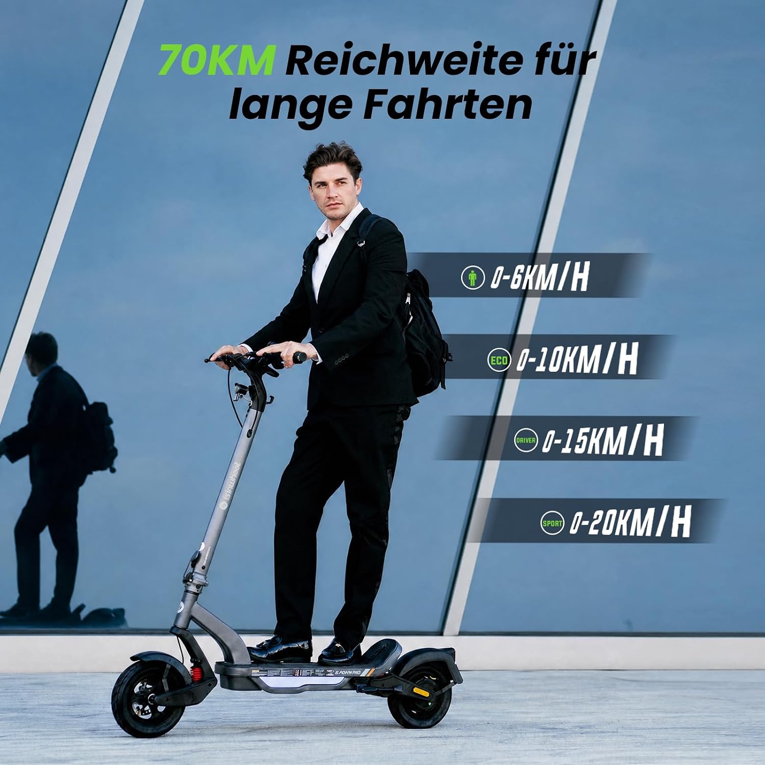 isinwheel S-Nova Pro E Scooter mit Straßenzulassung, Bis 70km Reichweite 500W Motor, Federung & Luftreifen für maximalen Fahrkomfort, Klappbar City E-Roller für Pendler – Bild 6