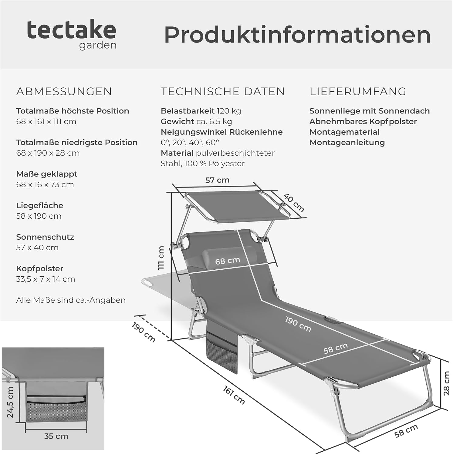 tectake® Sonnenliege klappbar, tragbar, Liege mit Seitentasche, Strandliege, Gartenliege mit Dach, Liegestuhl mit Verstellbarer Rückenlehne, inkl. Kopfkissen - für Balkon, Terrasse, Camping - grau – Bild 3