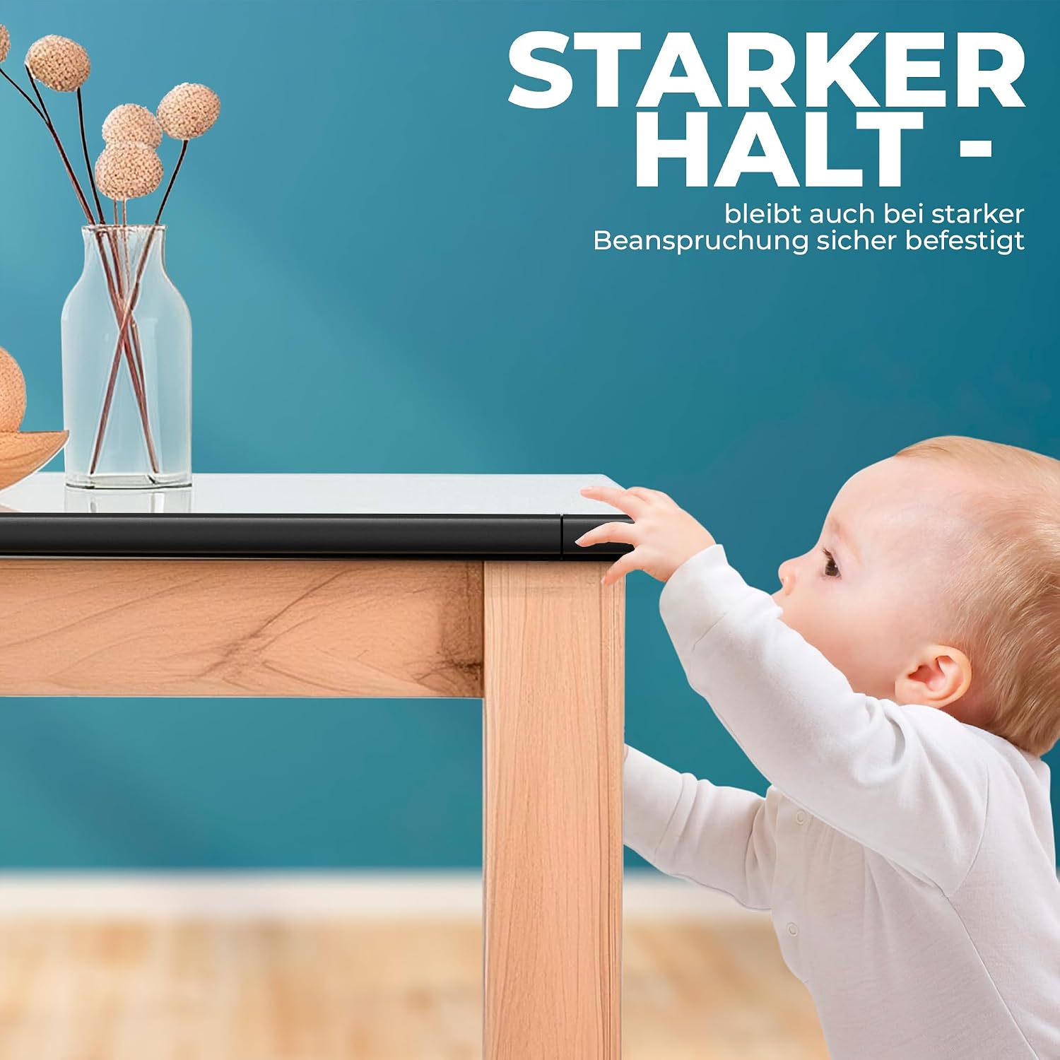Hoffenbach Kantenschutz Baby aus Schaumstoff – 6,2m Tischkantenschutz & 12x Eckenschutz – Tischecken Kindersicherung – Selbstklebender Schutz für Kinder, Bett, Fensterbank & Schreibtisch – Schwarz – Bild 4