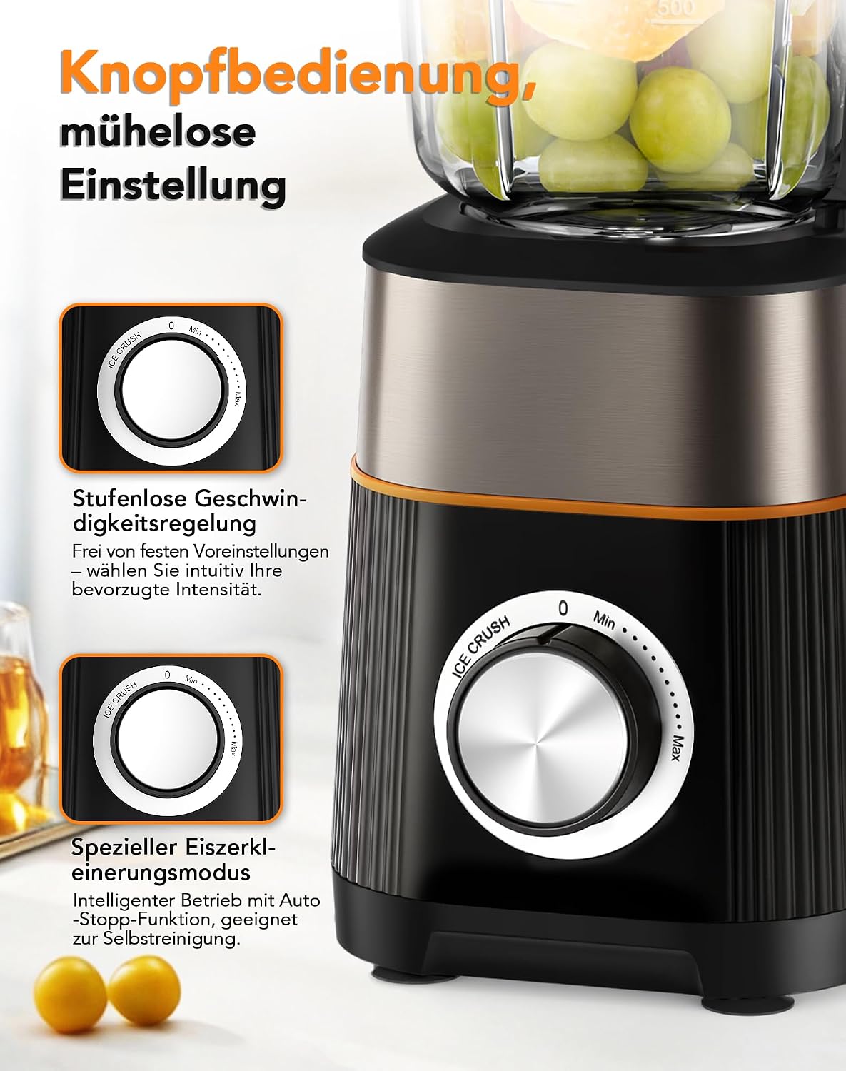 1000W Standmixer, Mixer, Glas 2-1 Mixer Smoothie Maker mit 1,5L Glaskrug und 600ml Reisebecher, Stufenlos Drehbare Drehregler, Selbstreinigung, für Ice-Crush-Funktion Shakes Gefrorene Getränke Saucen – Bild 4