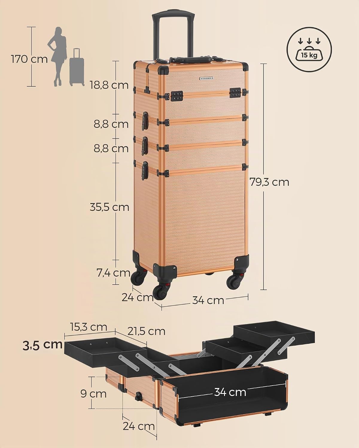 SONGMICS Kosmetikkoffer, Trolley, abschließbar, 34 x 24 x 79,3 cm – Bild 5