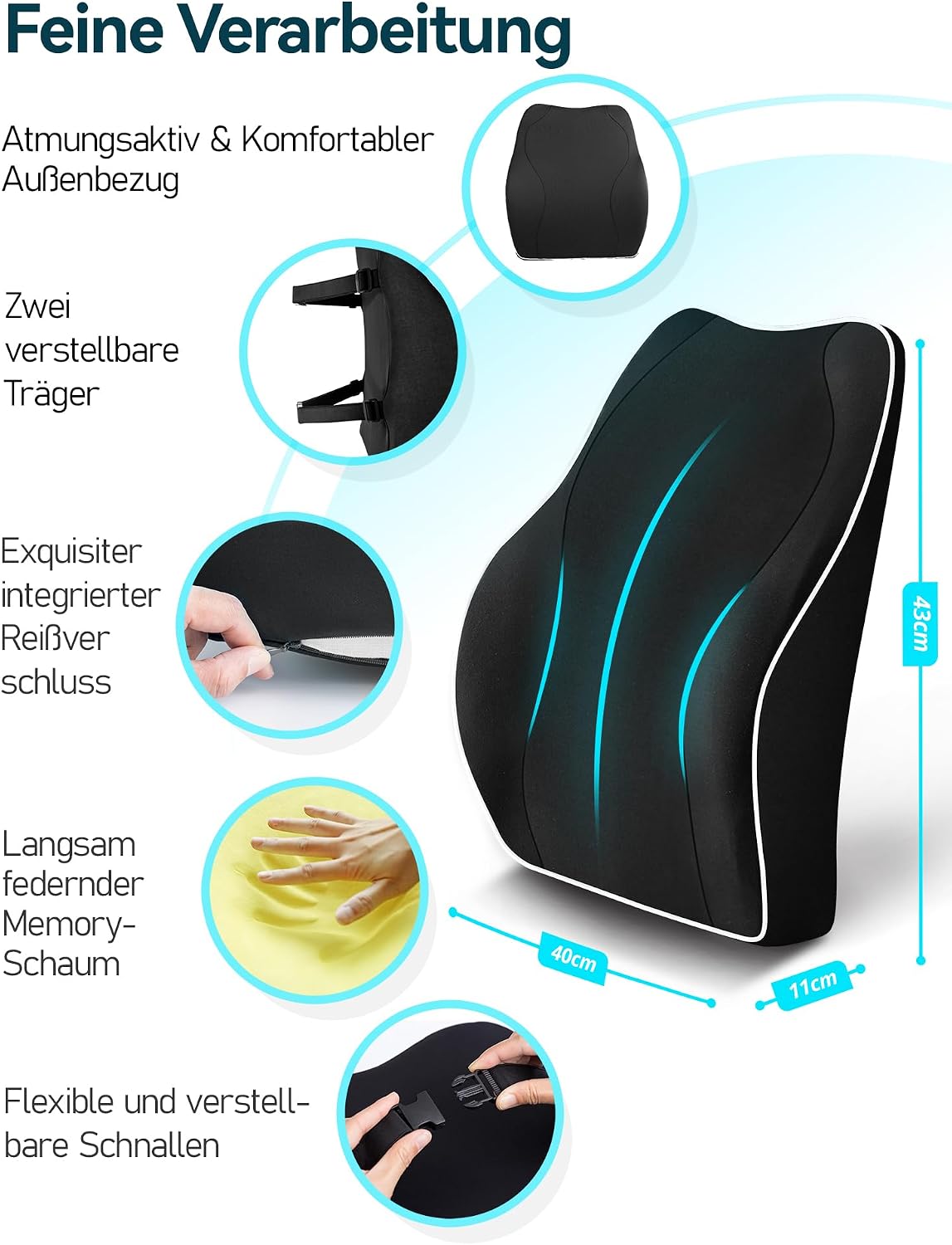 Travel Ease Ergonomisches RückenKissen aus Memory Foam, Lendenkissen für Bürostuhl, Schreibtischstuhl, mit Antistatischem, hautfreundlichem Bezug und für eine Bequeme Sitzhaltung (Schwarz) – Bild 5