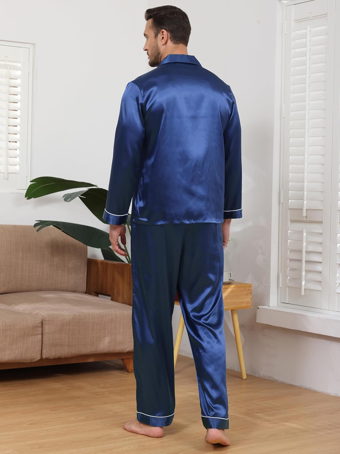 Satin Schlafanzug Herren Lang Seide Pyjama Männer V-Ausschnitt Shirt mit Pyjamahose Zweiteiliger Loungewear Sleepwear Nightwear Elegante Seidenpyjama – Bild 3