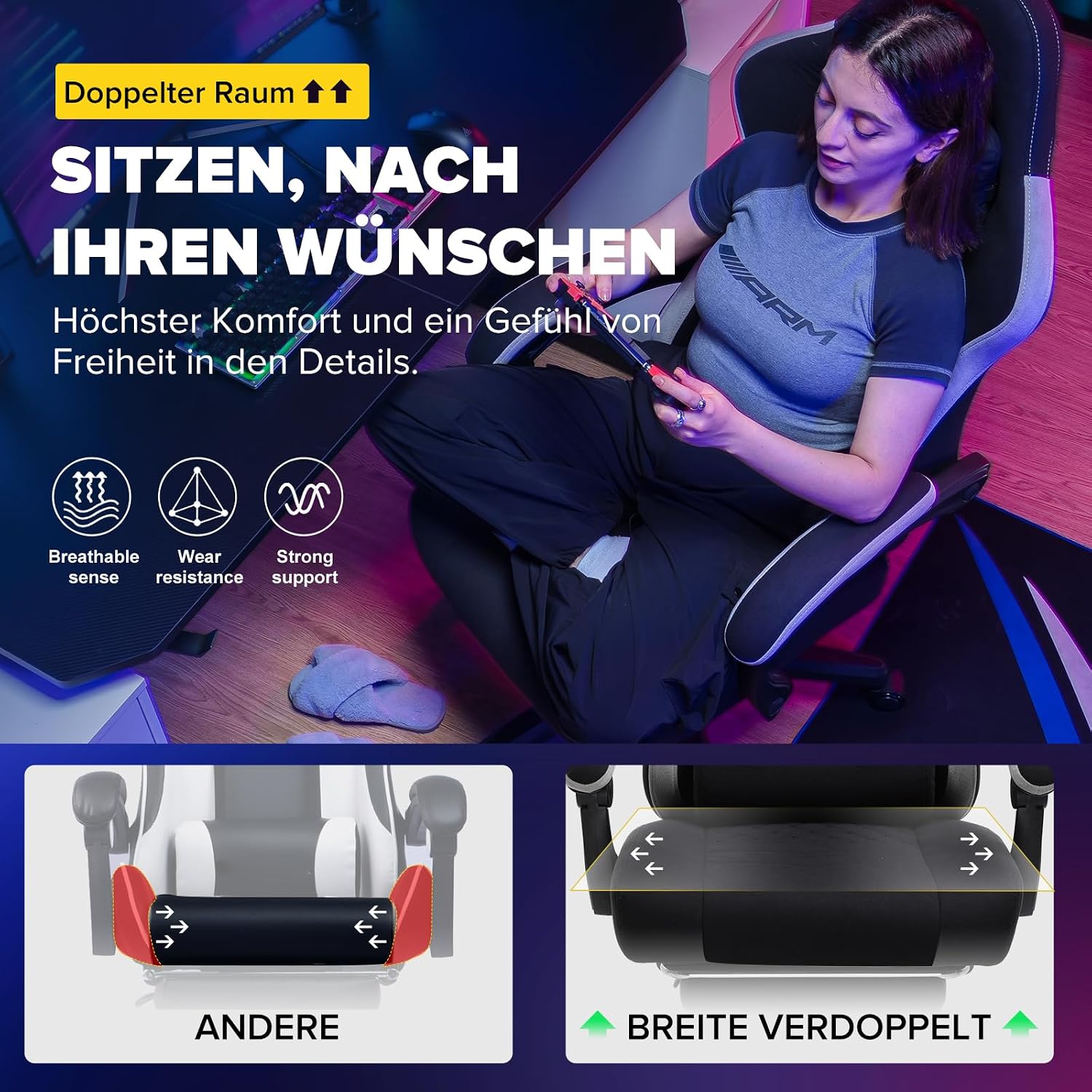 GTPLAYER Gaming Stuhl Ergonomischer Gaming Sessel Schreibtischstuhl mit Stoffoberfläche, Federsitzkissen, Verbindungsarmlehnen und Fußstütze 150KG, hellschwarz – Bild 6
