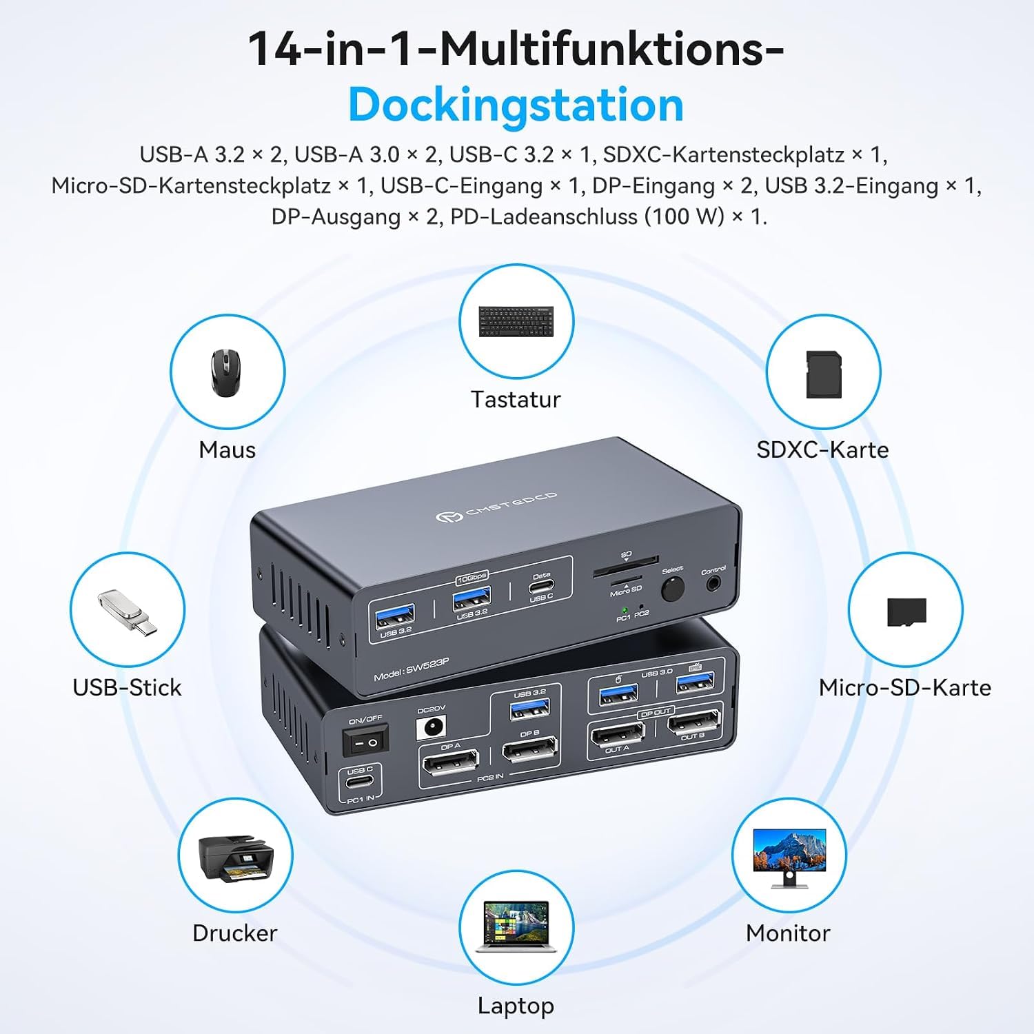 KVM Switch 2 PC 2 Monitore mit Dual 4K@120Hz USB C KVM Switch DisplayPort für Laptop und Desktop PC, 14-in-1 USBC Docking Station mit 100W PD, USB 3.2, SD/TF Kartenleser – Bild 7
