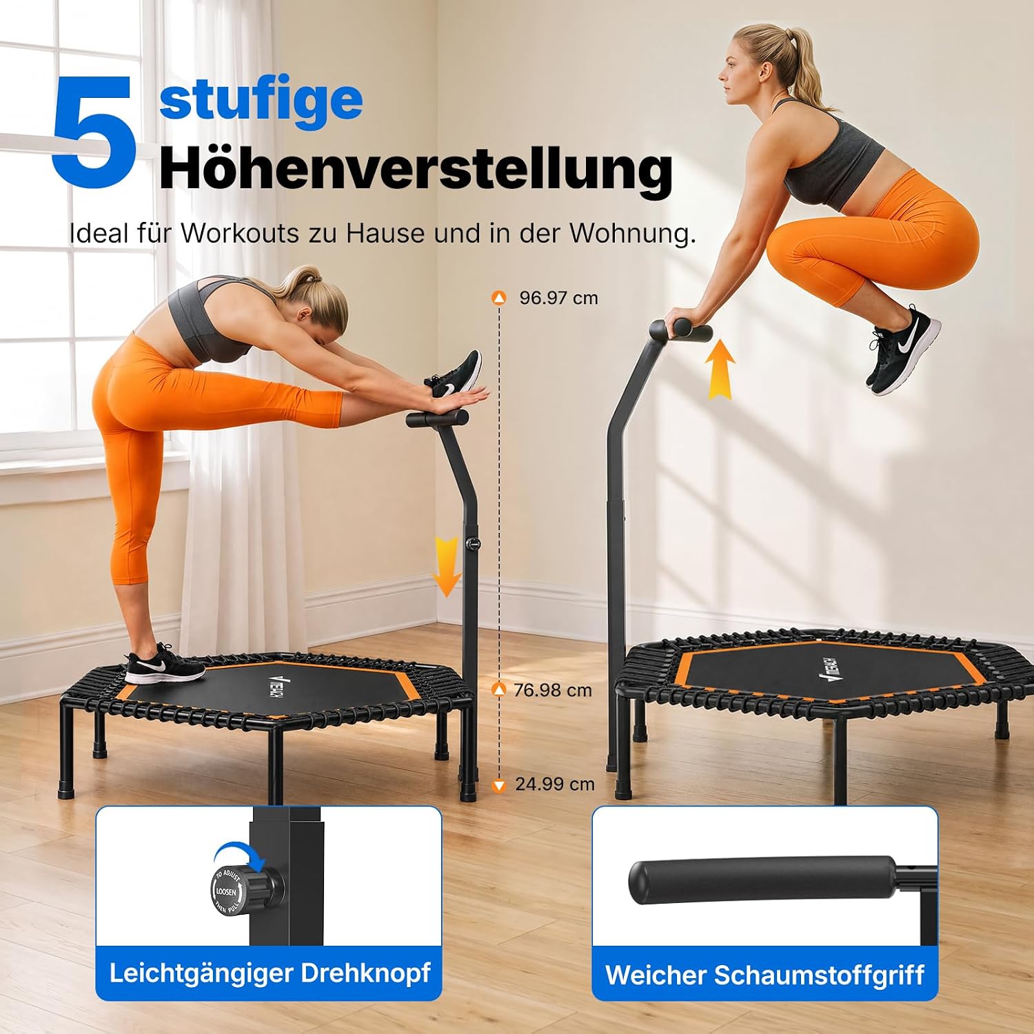 MERACH Trampolin Indoor, 122cm Fitness Trampolin, Bungee-Seilen – Bild 2
