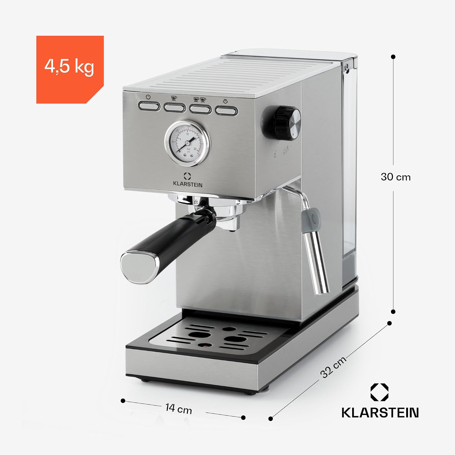 Klarstein Pausa Espressomaschine, Siebträgermaschine 1350 Watt, 20 Bar Druck, Wassertank 1,4 Liter Edelstahl, silber – Bild 8