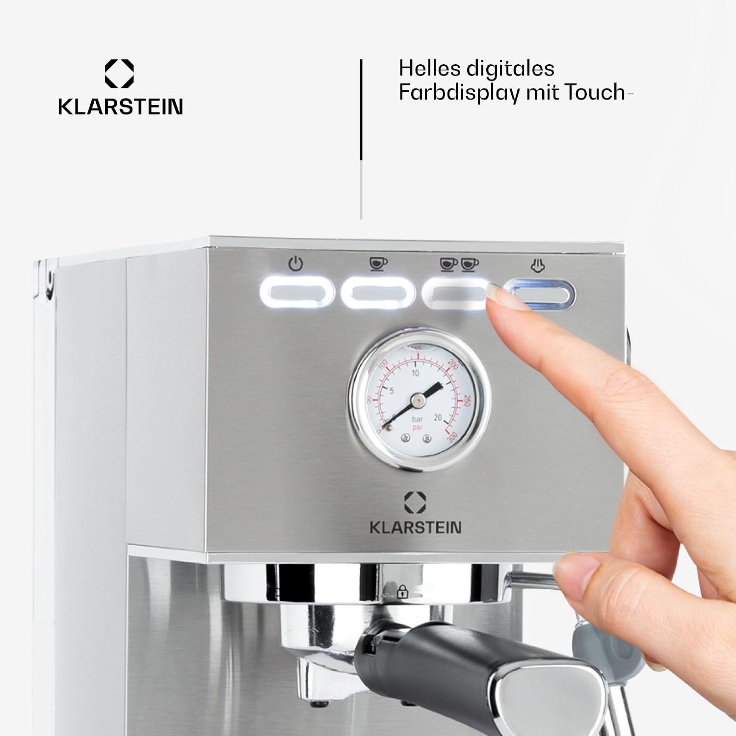 Klarstein Pausa Espressomaschine, Siebträgermaschine 1350 Watt, 20 Bar Druck, Wassertank 1,4 Liter Edelstahl, silber – Bild 3