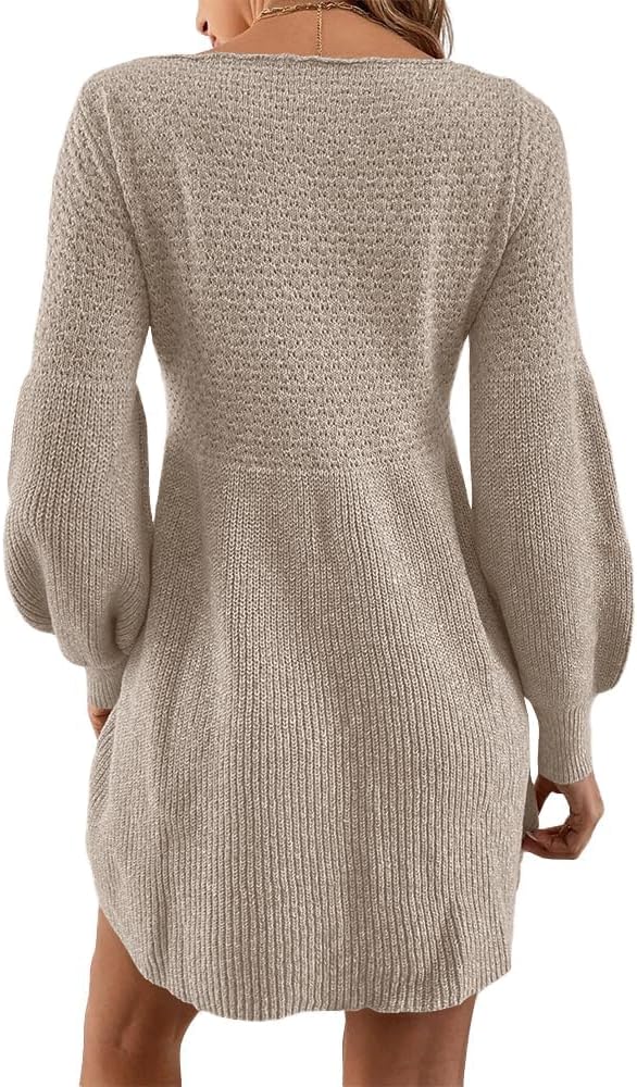 Saodimallsu Damen Rundhals Strickkleid Puffärmel A-Linie – Bild 4