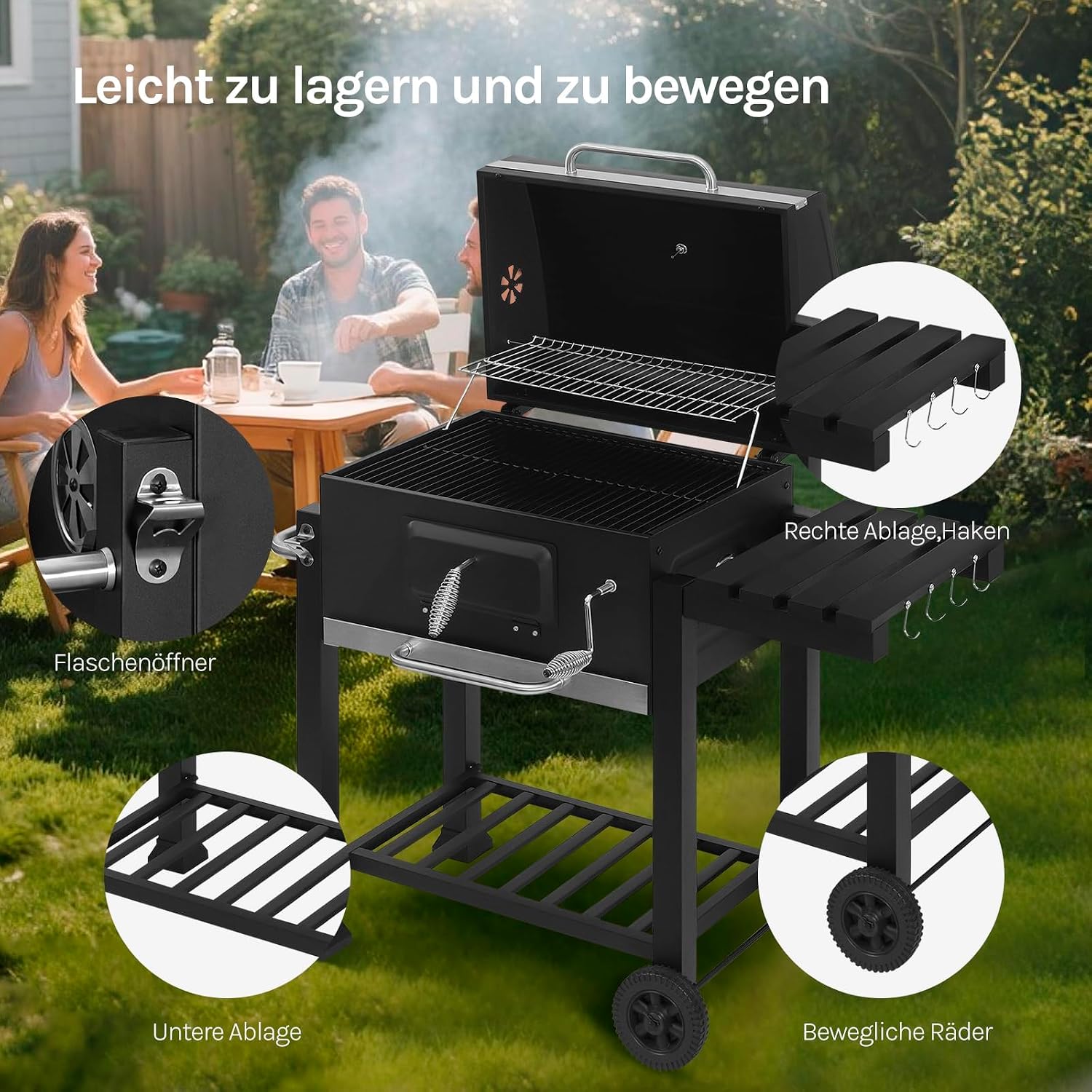 WOLTU Holzkohlegrill mit Deckel, große Grillfläche, variable Kohlewanne, Smoker Grill BBQ mit Grillrost, Thermometer, Grillwagen für Camping, 117 x 107 x 71 cm, Schwarz – Bild 6
