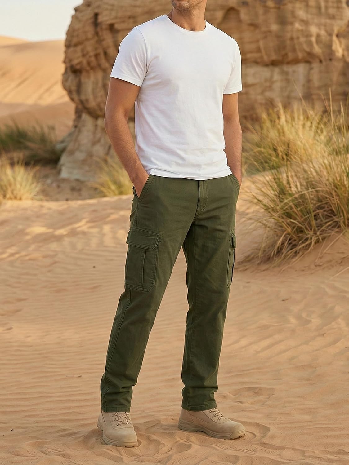 Runcati Herren Hose Regular Fit Cargohose Männer Einfarbig Casual Freizeithose Baumwolle Elastische Taille Jogginghose Outdoor Sporthose mit Taschen – Bild 5