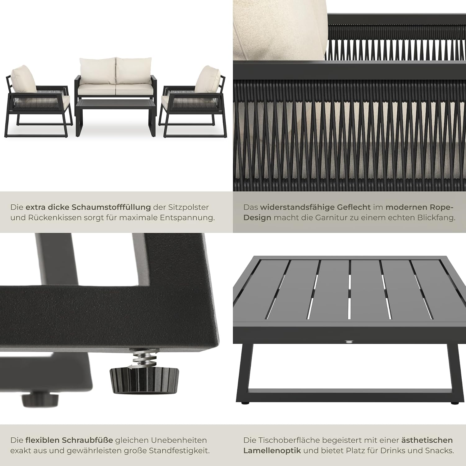 tectake® Rope Design Lounge Möbel Set für Garten oder Balkon, Aluminium Outdoor Sitzgruppe Terrassenmöbel mit 2 Sesseln, Sofa + Tisch in Holz Optik, inkl. Gartenmöbel-Kissen, wetterfest – Bild 5