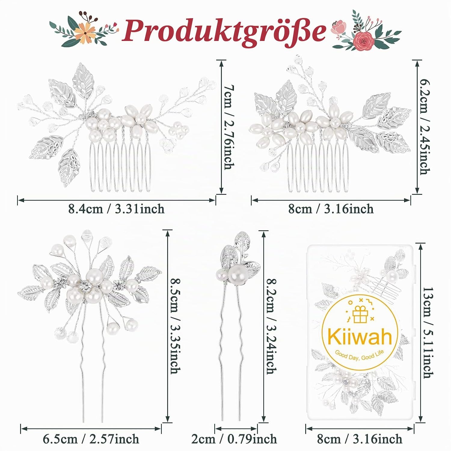 Kiiwah 4 Stück Haarschmuck Hochzeit Perle Blume Braut Haarkamm Strass Brautschmuck Braut Haarnadeln für Kommunion MäDchen Braut Brautjungfer(Silber) – Bild 2