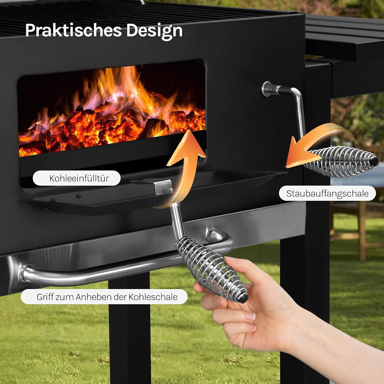 WOLTU Holzkohlegrill mit Deckel, große Grillfläche, variable Kohlewanne, Smoker Grill BBQ mit Grillrost, Thermometer, Grillwagen für Camping, 117 x 107 x 71 cm, Schwarz – Bild 5
