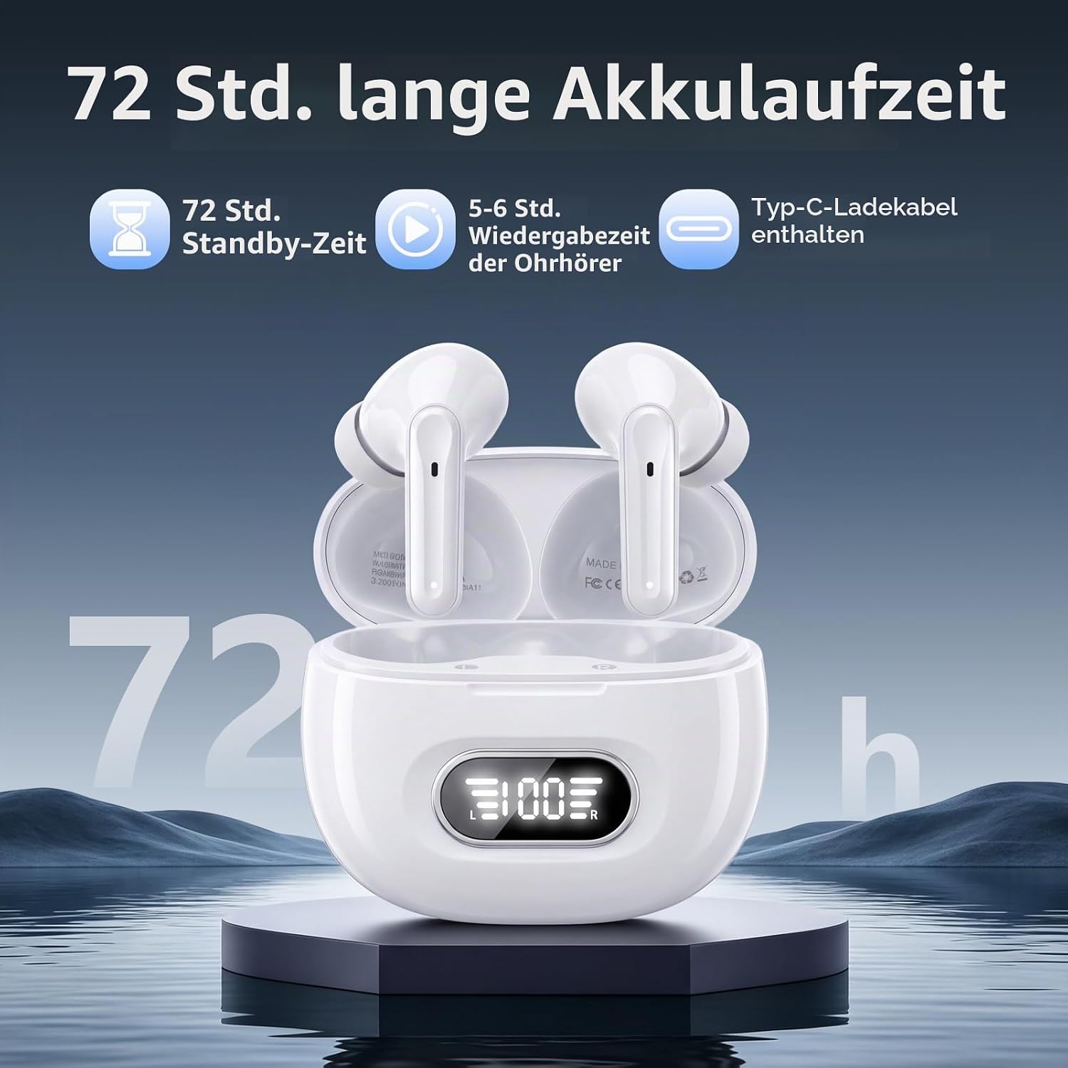 Bluetooth Kopfhörer, 2026 Kopfhörer Kabellos Bluetooth 5.3 HiFi Stereo, 72 Std Spielzeit In Ear Kopfhörer mit ENC Noise Cancelling Mics, IP7 Wasserdicht Kabellose Kopfhörer mit LED-Anzeige, USB-C – Bild 3