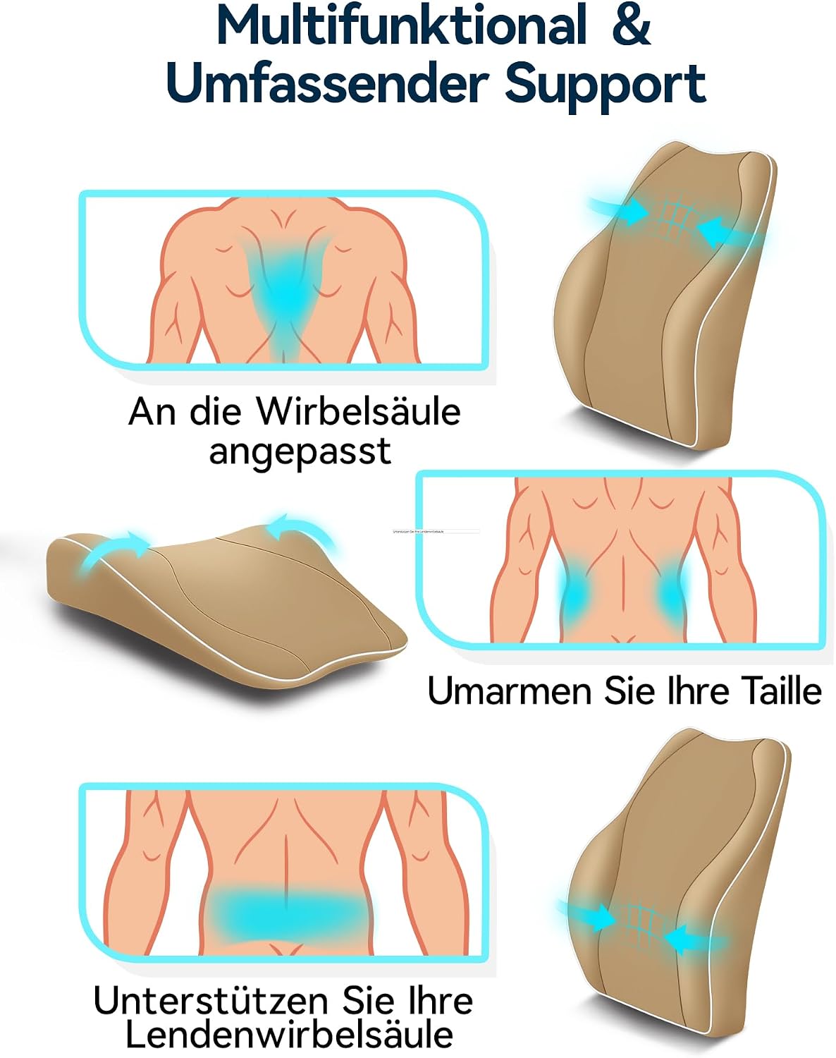 Travel Ease Ergonomisches RückenKissen aus Memory Foam, Lendenkissen für Bürostuhl, Schreibtischstuhl, mit Antistatischem, hautfreundlichem Bezug und für eine Bequeme Sitzhaltung (Khaki) – Bild 4