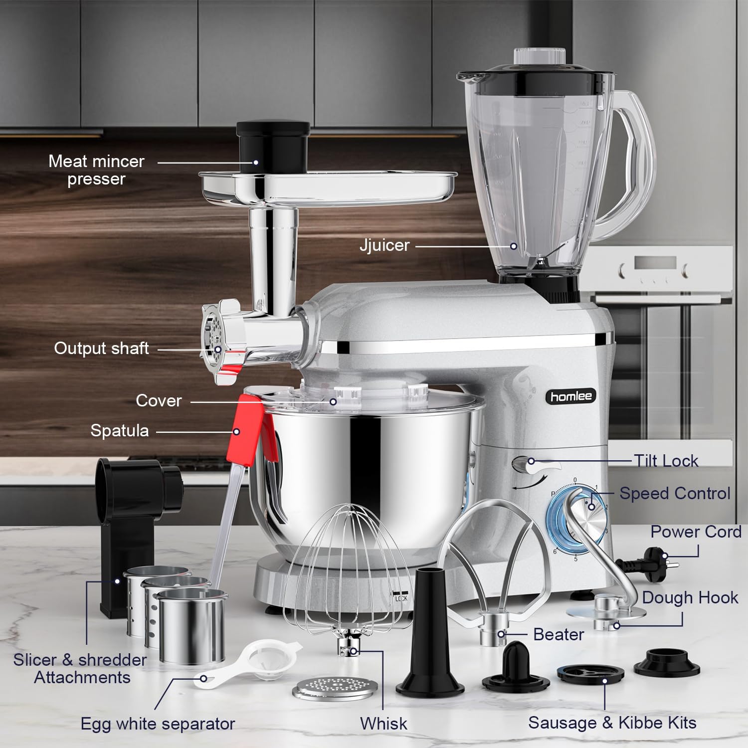 Homlee 3 in 1 Universal Küchenmaschine 2000W Multifunktionale Knetmaschine 6-stufige Gescheindigkeit Mixer, mit Fleischwolf, 1.5L Saftpresse, 5.5L Edelstahlschüssel knetmaschine – Bild 9
