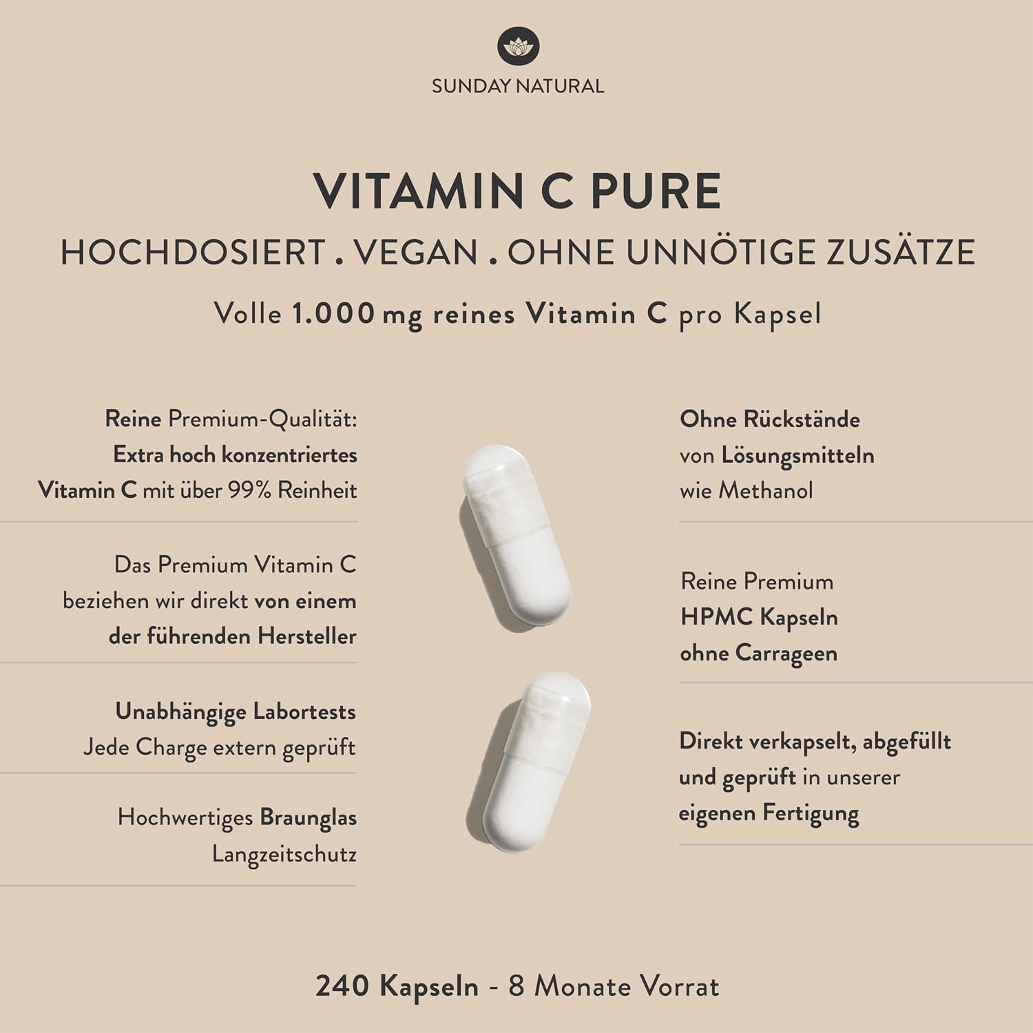 SUNDAY NATURAL® Reines Vitamin C - 240 Kapseln - Hochdosiert mit 1000mg pro Kapsel – Ascorbinsäure mit hoher Reinheit – Vegan, laborgeprüft in Deutschland – Bild 2