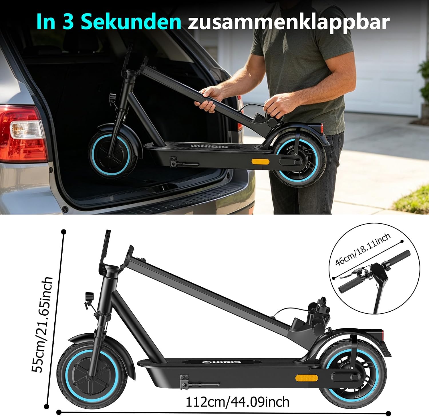 E Scooter mit Straßenzulassung, 500W Spitzenleistung, 10-Zoll Wabenreifen, Elektroroller, Höchstge Schwindigkeit 20 KM/H, 8Ah/12Ah Akku, 35-45 KM Reichweite, Doppelbremse – Bild 8