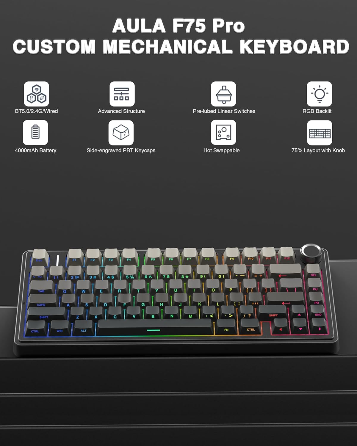 AULA F75 PRO Mechanische Tastatur Gaming,2.4GHz/Type-C/BT5.0 Mechanical Keyboard,Seitlich Graviert,Fünfschichtige Polsterung Struktur,QWERTY,Hot-Swap Kabellos Gaming Tastatur 75 Prozent (Grau) – Bild 2