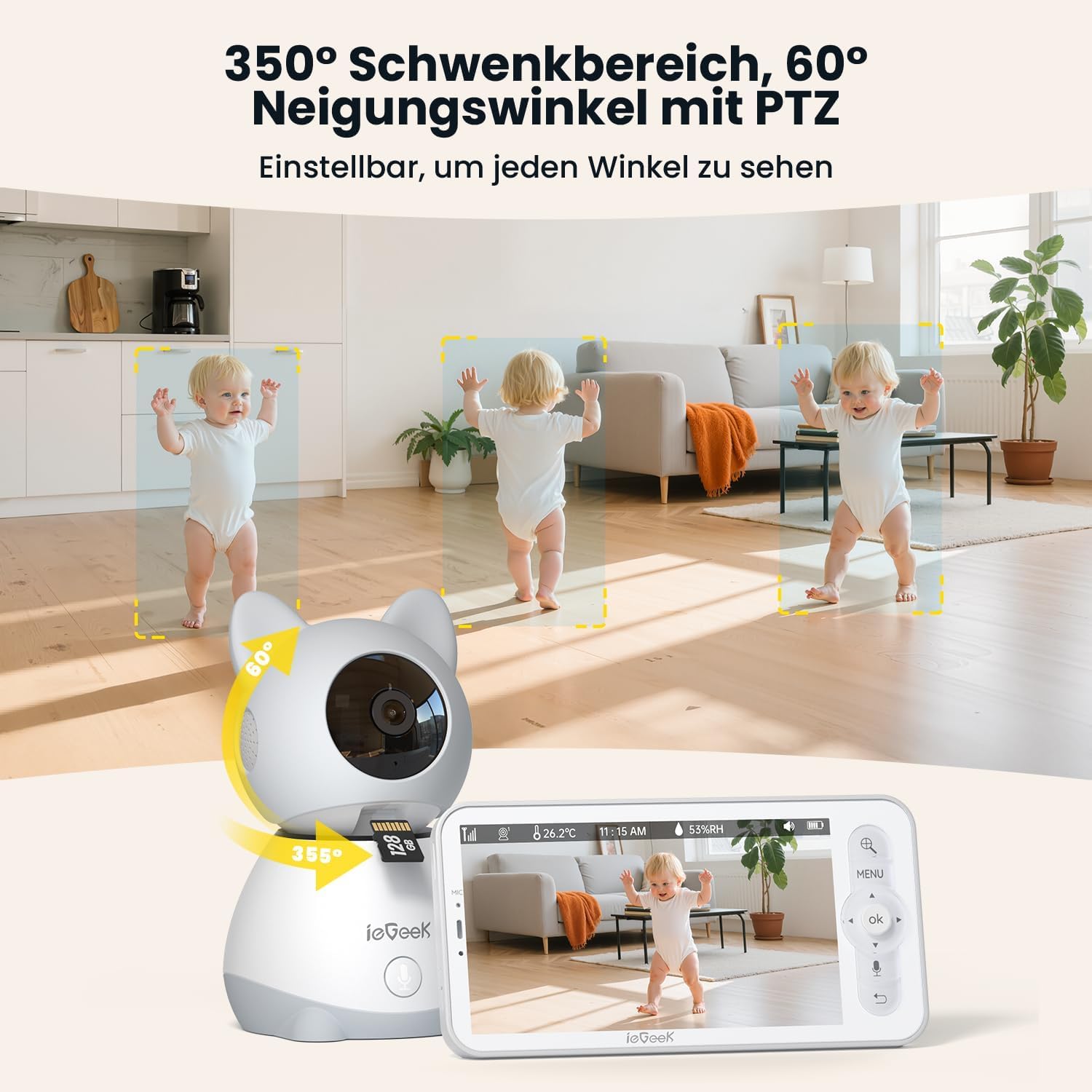 ieGeek 2K Babyphone 2 Kameras 5" WLAN Nachtsicht, App, PTZ, Zwei-Wege-Audio – Bild 7