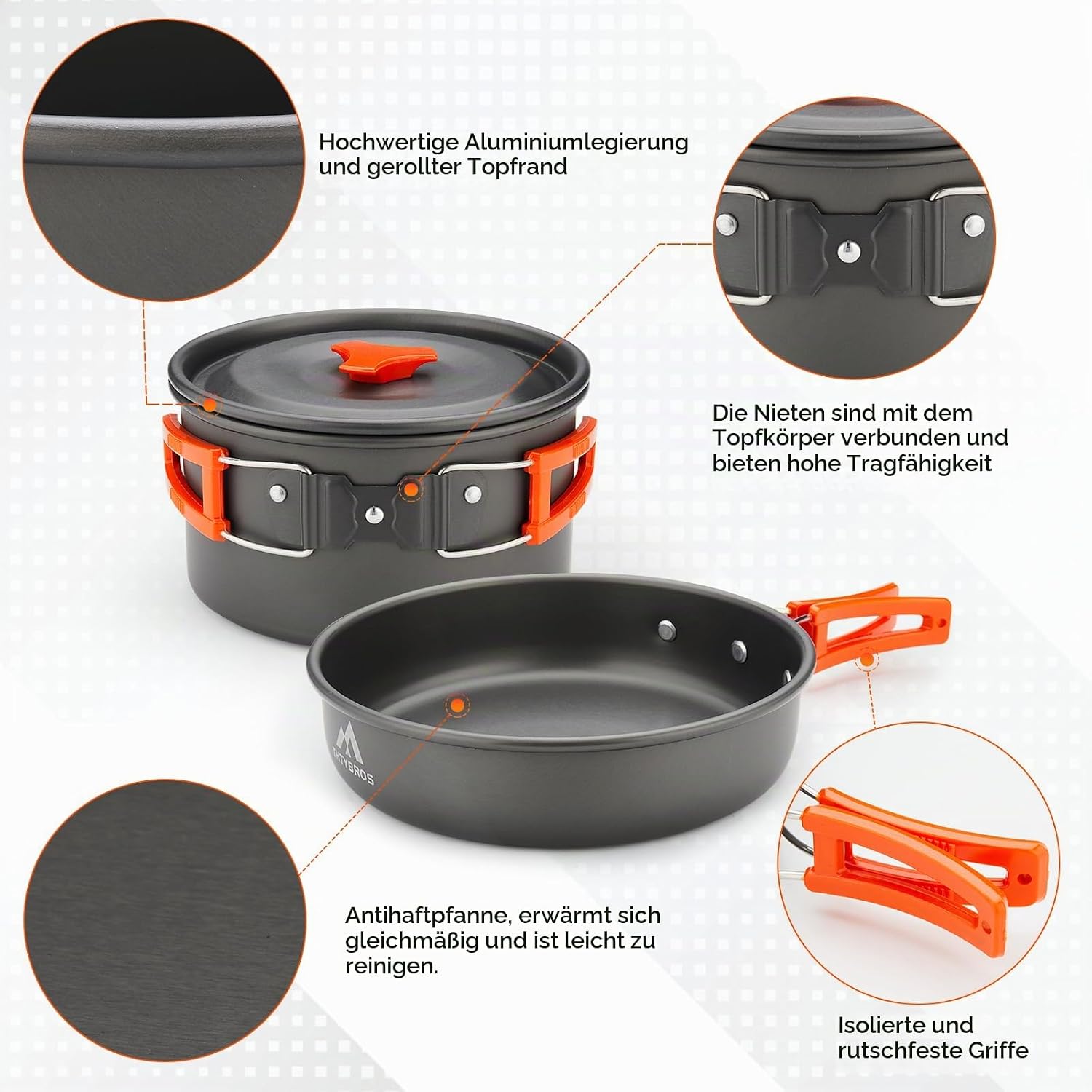 THTYBROS 17-teiliges Camping-Kochgeschirr-Set, hart eloxiertes Aluminium-Topf-Pfanne-Kessel mit 2 Edelstahl-Tassen, Teller, Besteck für Outdoor-Wandern, Rucksackreisen, Picknick – Bild 3
