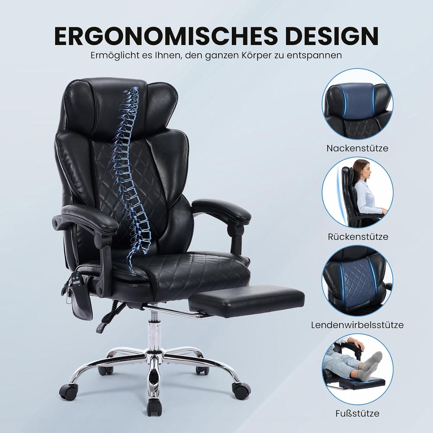 Bürostuhl Ergonomisch mit Massagefunktion, Ergonomischer Schreibtischstuhl mit Heizfunktion, Chefsessel mit Fußstütze, 360° Drehstuhl, 94-125° Verstellbarer Rückenlehne, für Office, Schwarz – Bild 7