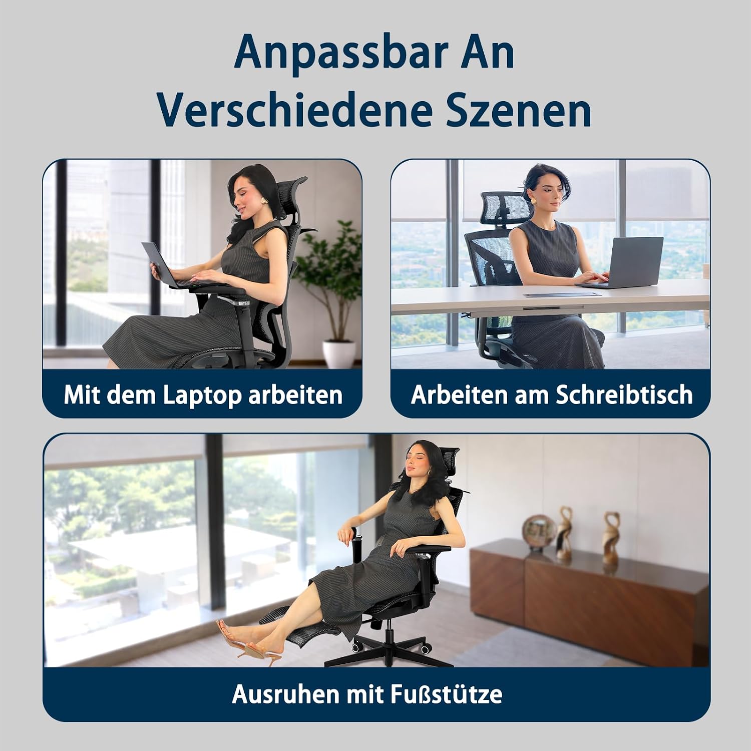 Ergonomischer Bürostuhl Große und Schwere mit Fußstütze, 5D Verstellbare Armlehnen, Lendenstütze, Netz-Rückenlehne, Verstellbare Sitztiefe, Drehbarer Gaming Stuhl Schwarz – Bild 7