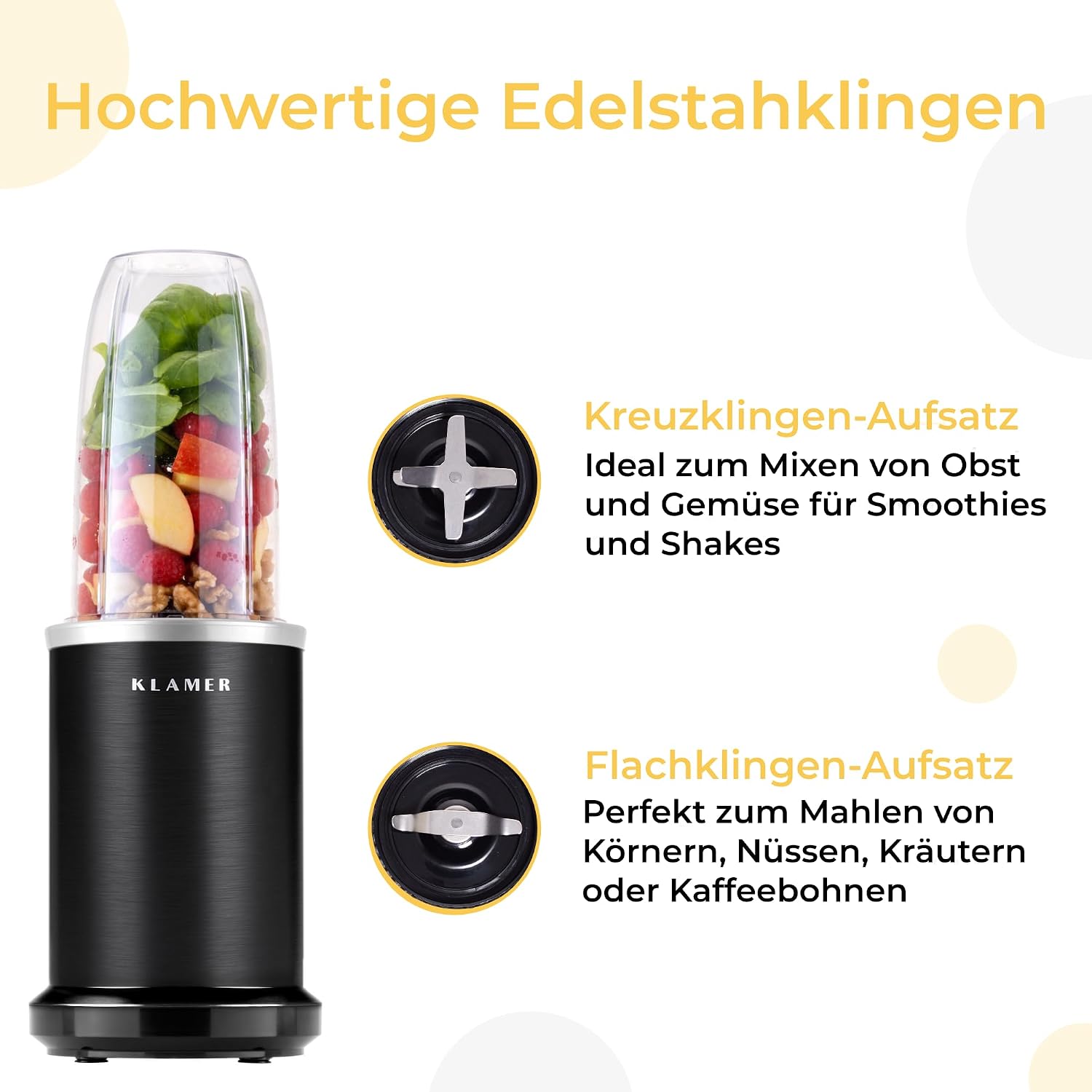 KLAMER Bullet Mixer 1000 Watt, Smoothie Maker, 2 Mixbehälter mit Zubehör – Bild 3