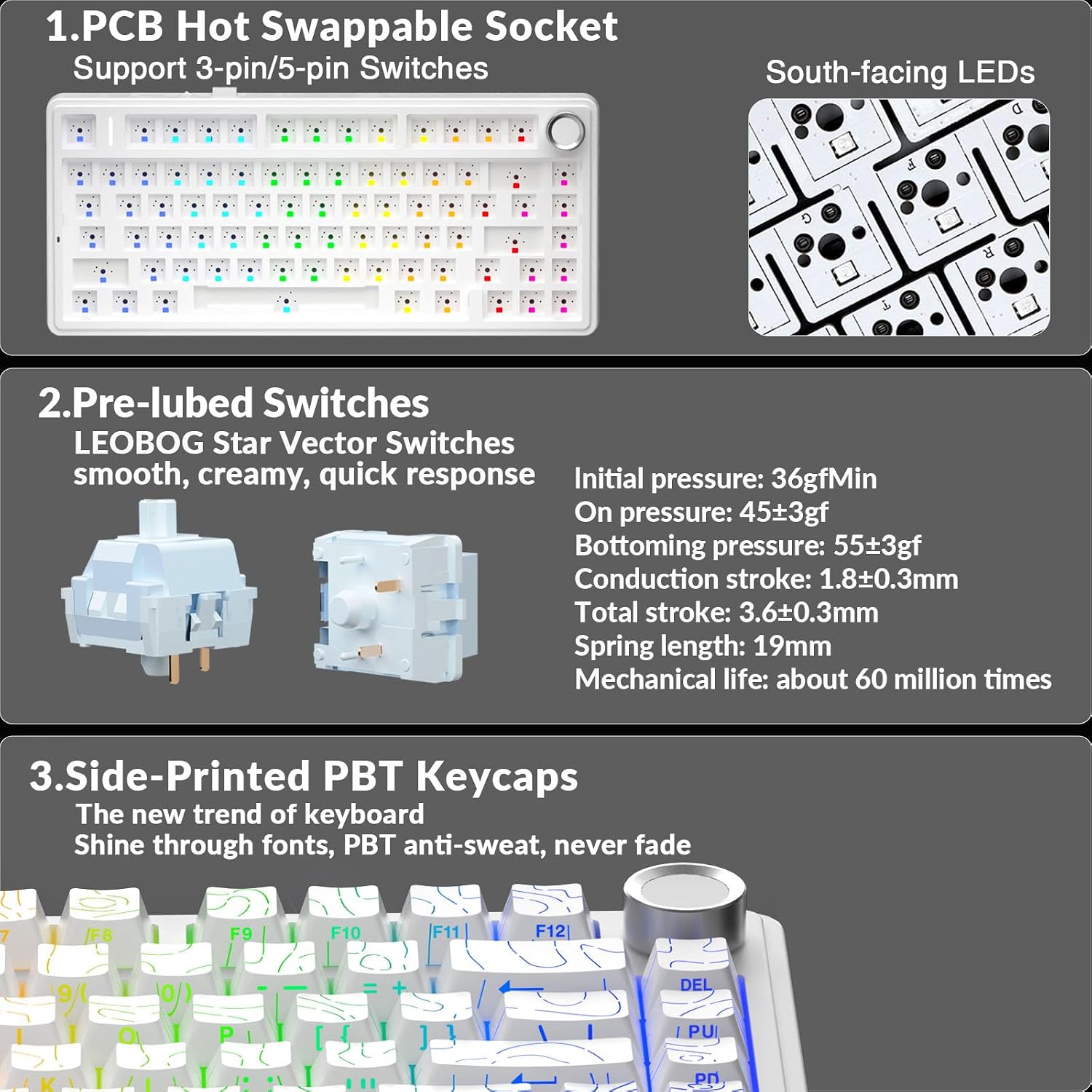 AULA F75 PRO Mechanische Tastatur Gaming,2.4GHz/Type-C/BT5.0 Mechanical Keyboard,Seitlich Graviert,Fünfschichtige Gefüllte Struktur,QWERTY,Hot-Swap Kabellos Gaming Tastatur 75 Prozent (Weiß) – Bild 5