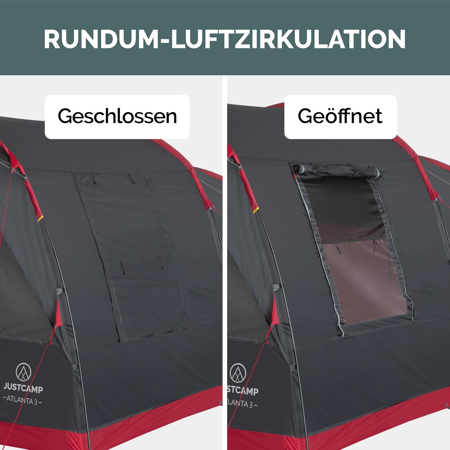 JUSTCAMP Atlanta 3, 5 oder 7 Personen Familienzelt - Tunnelzelt mit Stehhöhe inkl. Vordach & Boden, Eingang mit Fliegengitter - Campingzelt groß, geräumig, wasserdicht - Ideal für Campen & Festival – Bild 5