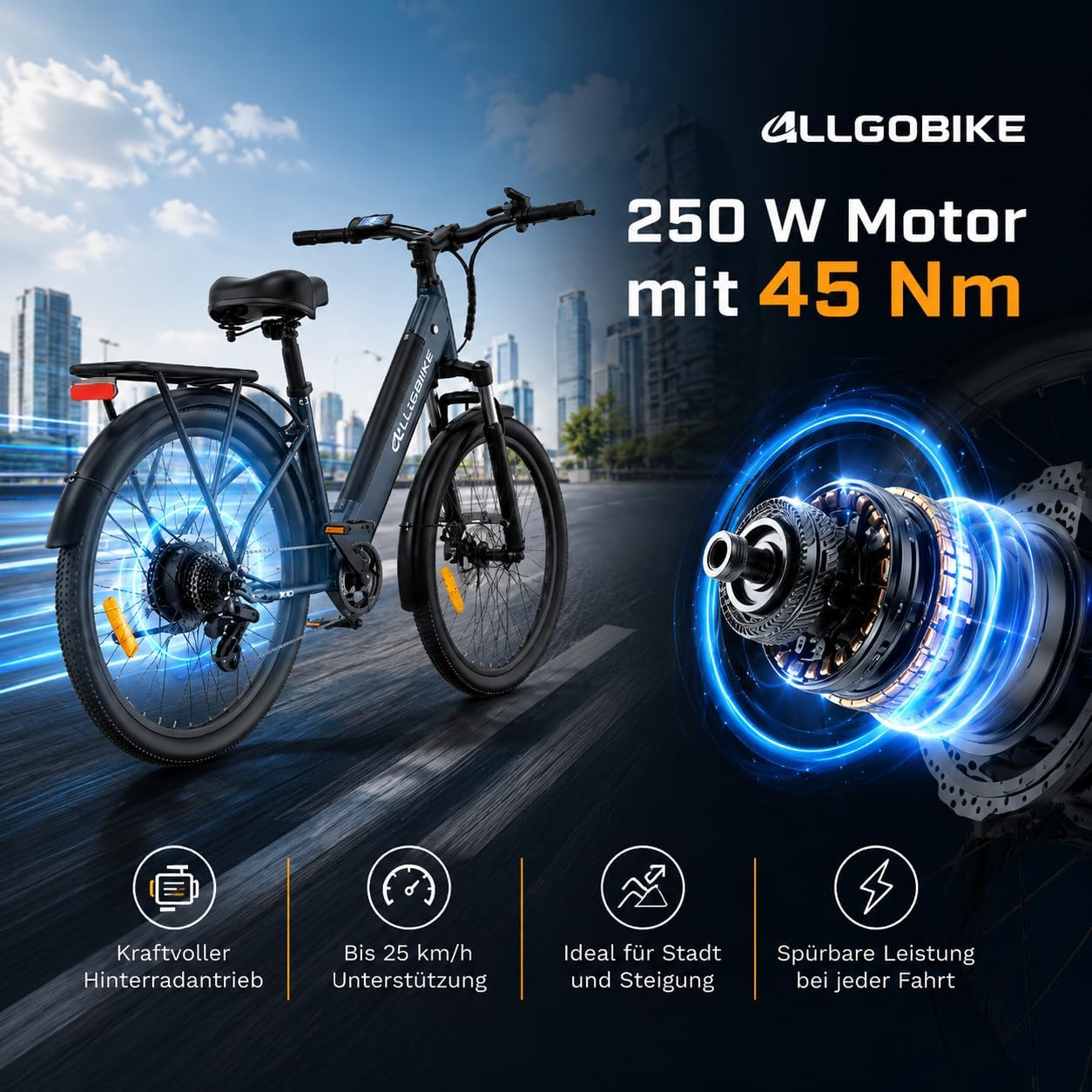 AM27 Elektrofahrrad 27,5 Zoll E-Bike für Damen und Herren 250W Motor 36V 15Ah Akku 25 km/h 7-Gang-Schaltung 3 Unterstützungsstufen Scheibenbremsen LED-Beleuchtung – Bild 3