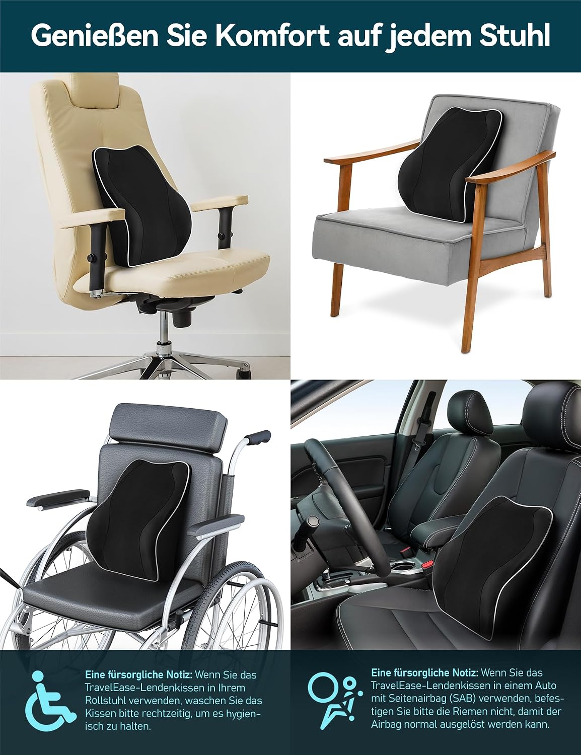 Travel Ease Ergonomisches RückenKissen aus Memory Foam, Lendenkissen für Bürostuhl, Schreibtischstuhl, mit Antistatischem, hautfreundlichem Bezug und für eine Bequeme Sitzhaltung (Schwarz) – Bild 7