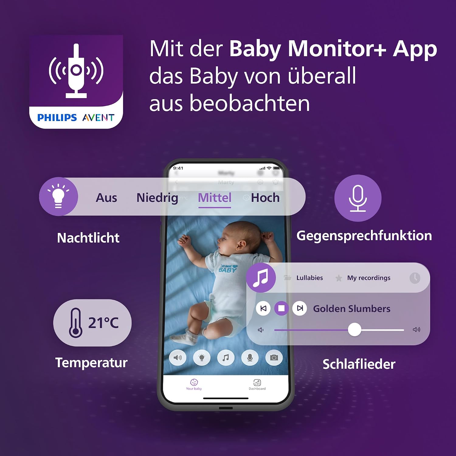 Philips AVENT Connected Babyphone mit Kamera und WLAN, hochwertiger HD-Kamera, Infrarot-Nachtsichtfunktion, Schrei-Erkennung, Gegensprechfunktion, DEKRA Zertifiziert privat und sicher, SCD951/26 – Bild 9