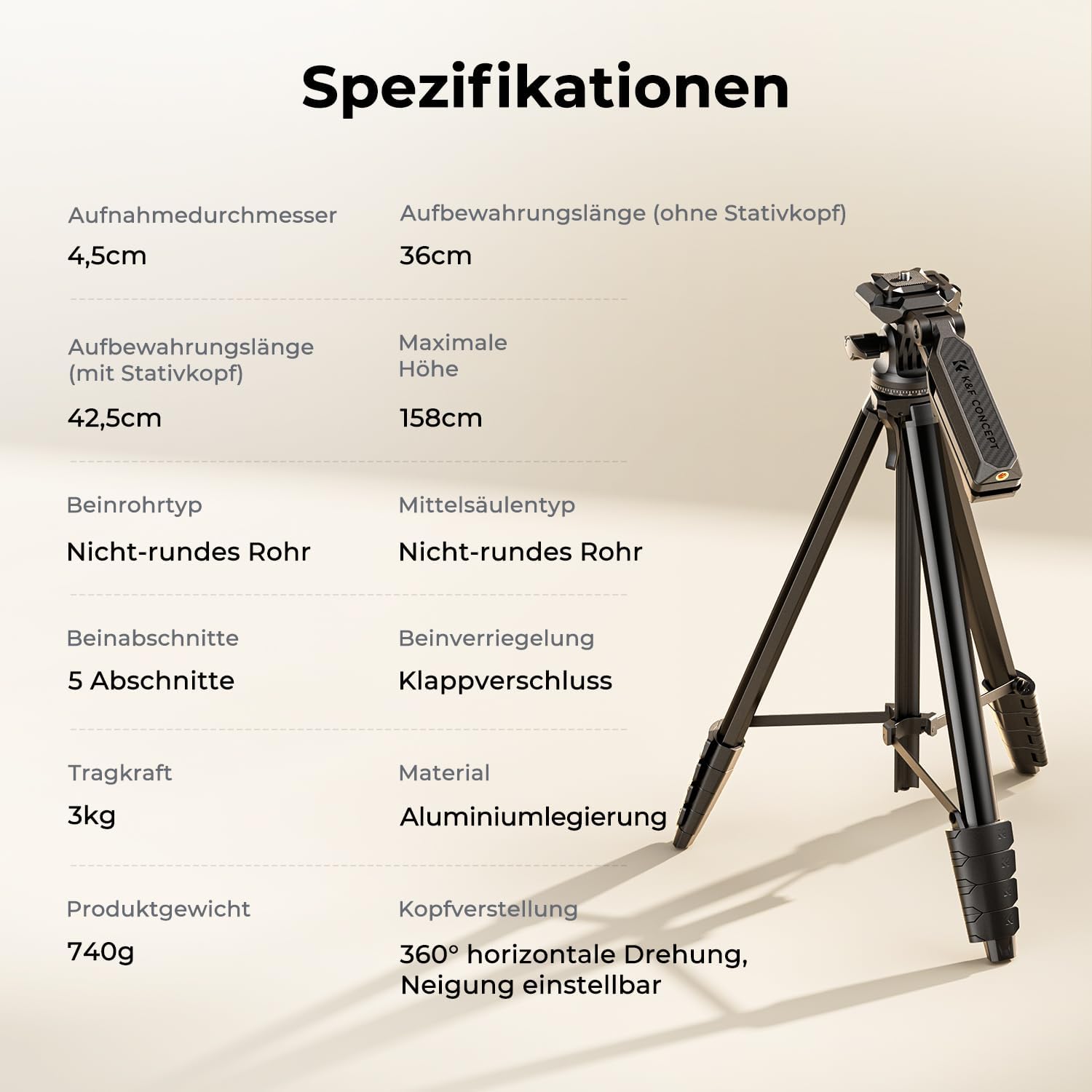 K&F CONCEPT 158cm Kamera Handy Stativ – Bild 8