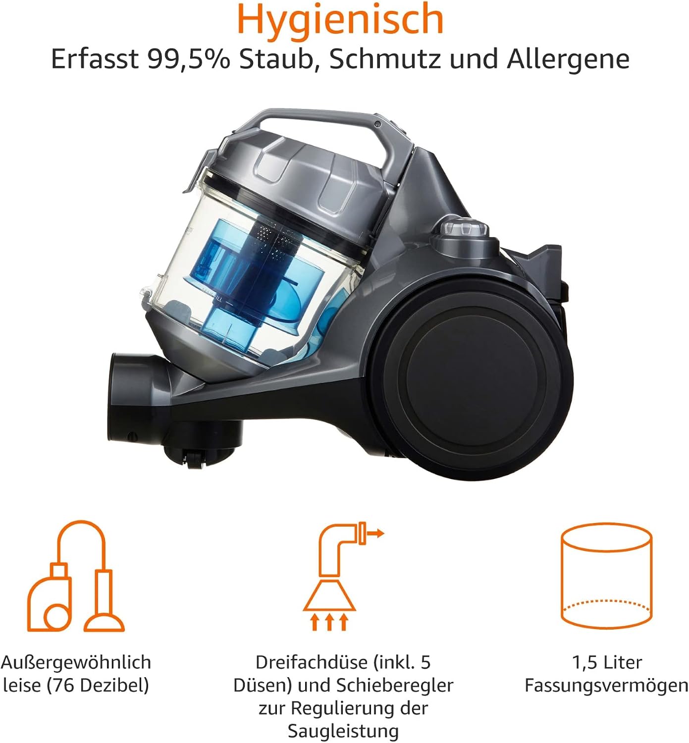 Amazon Basics Beutelloser Staubsauger Kanister, 700W, 1,5l, Schwarz/Blau – Bild 4