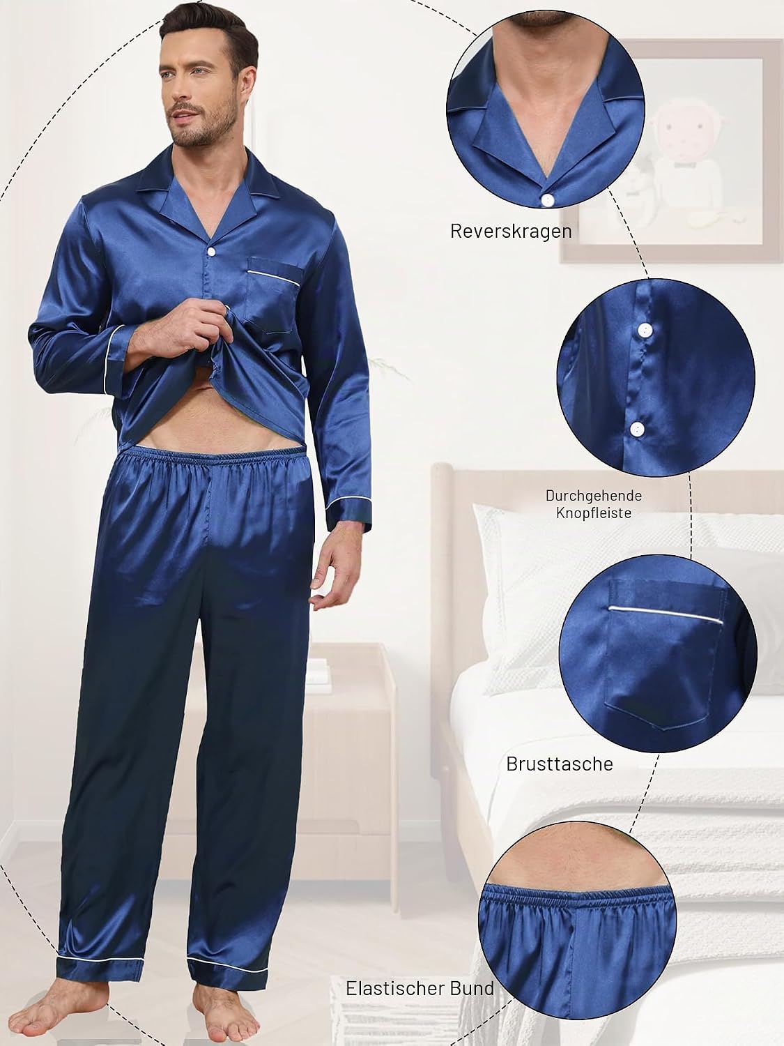 Satin Schlafanzug Herren Lang Seide Pyjama Männer V-Ausschnitt Shirt mit Pyjamahose Zweiteiliger Loungewear Sleepwear Nightwear Elegante Seidenpyjama – Bild 4