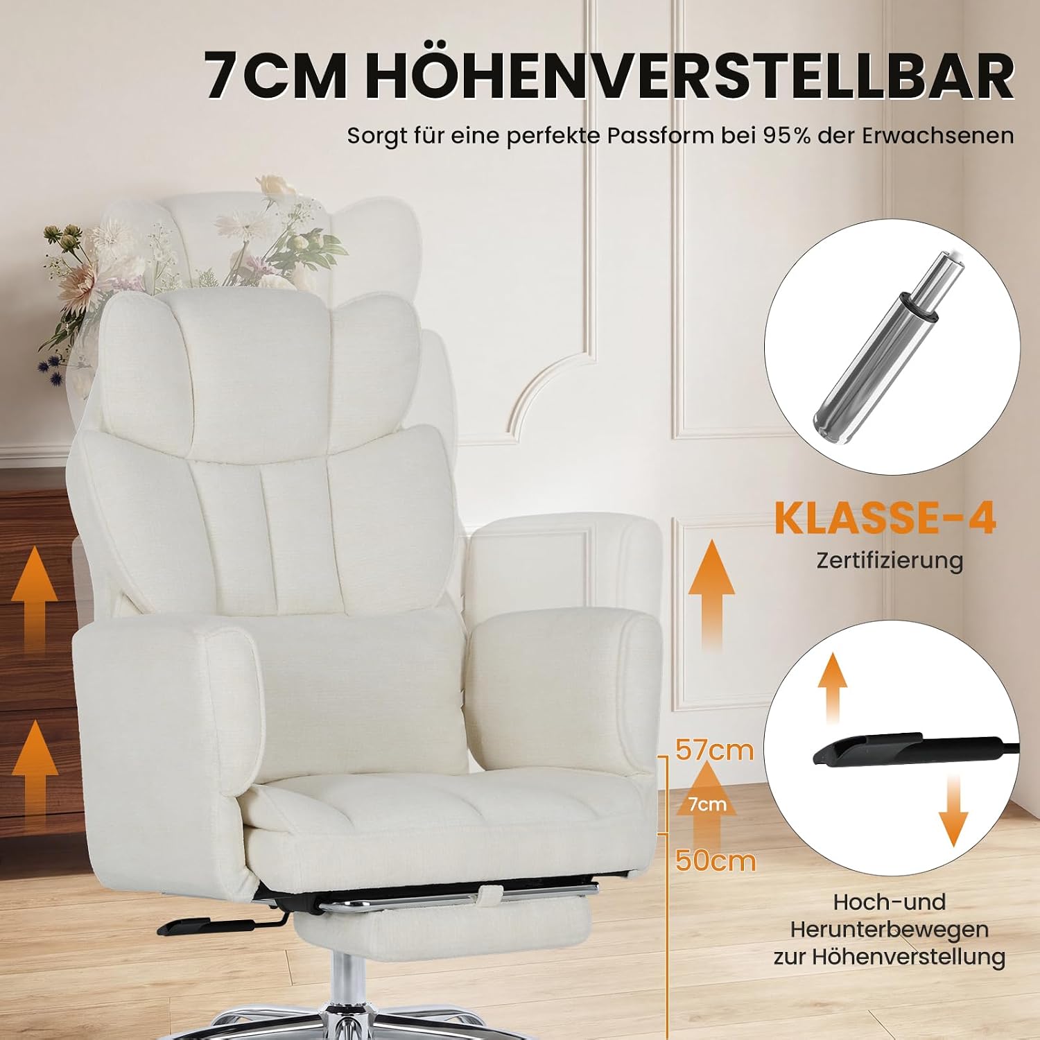 MALOL Ergonomischer Bürostuhl mit Fußstütze, Chefsessel 360° Drehbar, verstellbare Rückenlehne 102°-127°, mit Kopfstütze & Lendenstütze, bis 180 kg belastbar für Home Office & Gaming, Beige – Bild 4