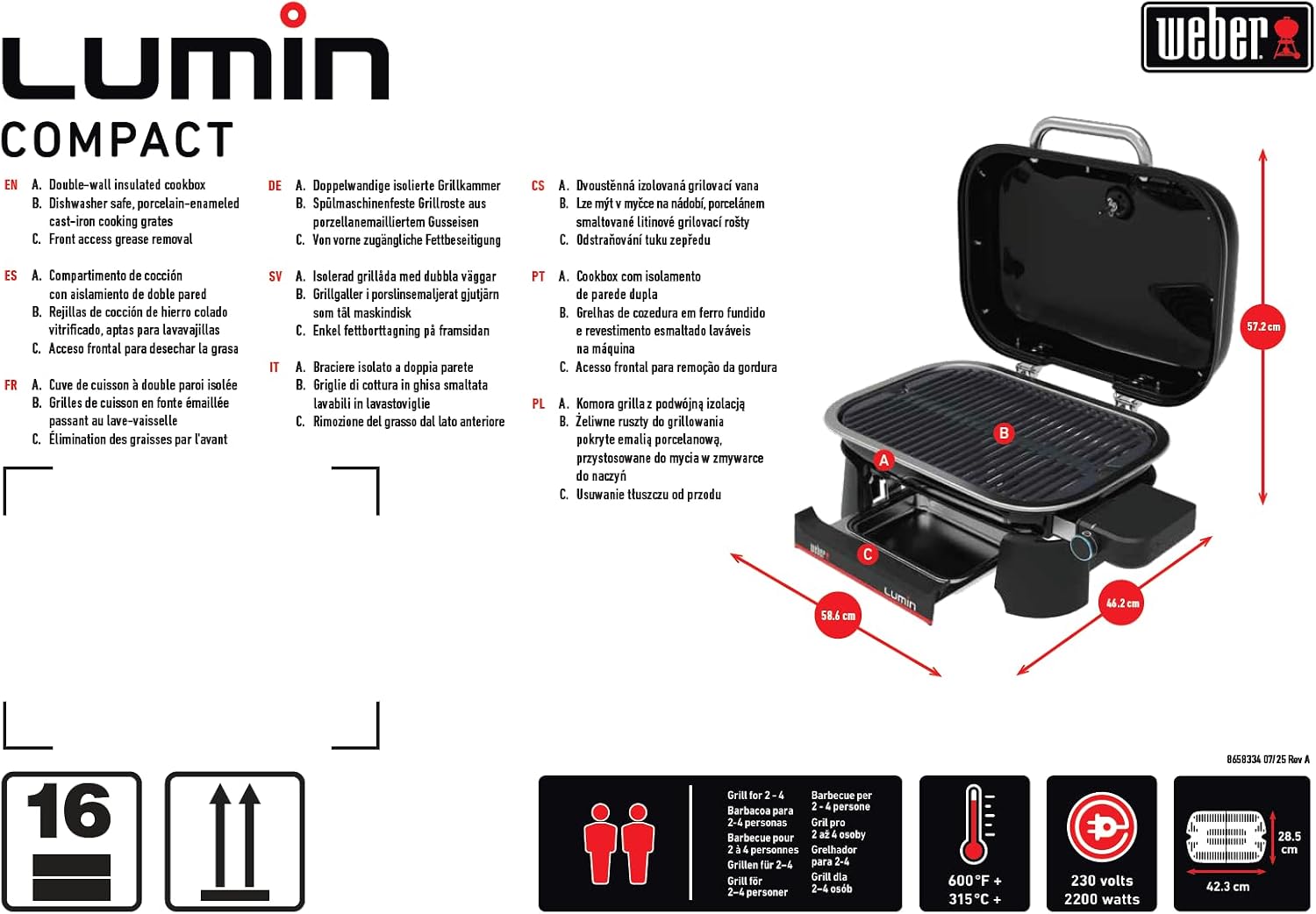 Weber Lumin Compact Tragbarer Kompakter Elektrogrill, Bis zu 315 °C, mit Deckelthermometer, Porzellanemaillierte Gusseisenroste, 43 x 32 cm Grillfläche, Schwarz (1502044) – Bild 19