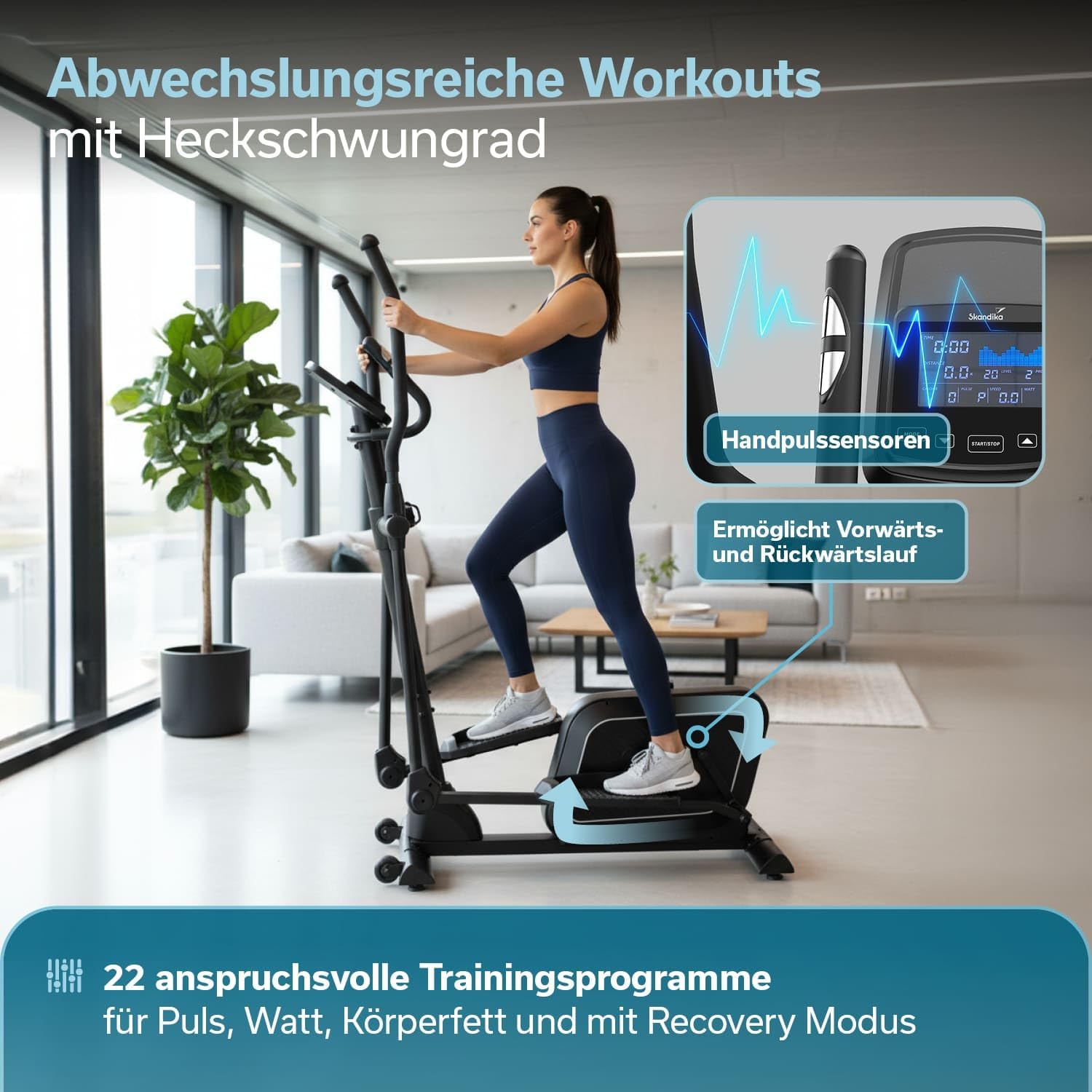 Skandika Crosstrainer für Zuhause Fint | Heimtrainer leise, 32 Stufen, 22 Programme, bis 120 kg, Kinomap App kompatibel, 8 kg Schwungmasse, Ellipsentrainer | Ellipsen Crosstrainer Fitness Sport – Bild 6