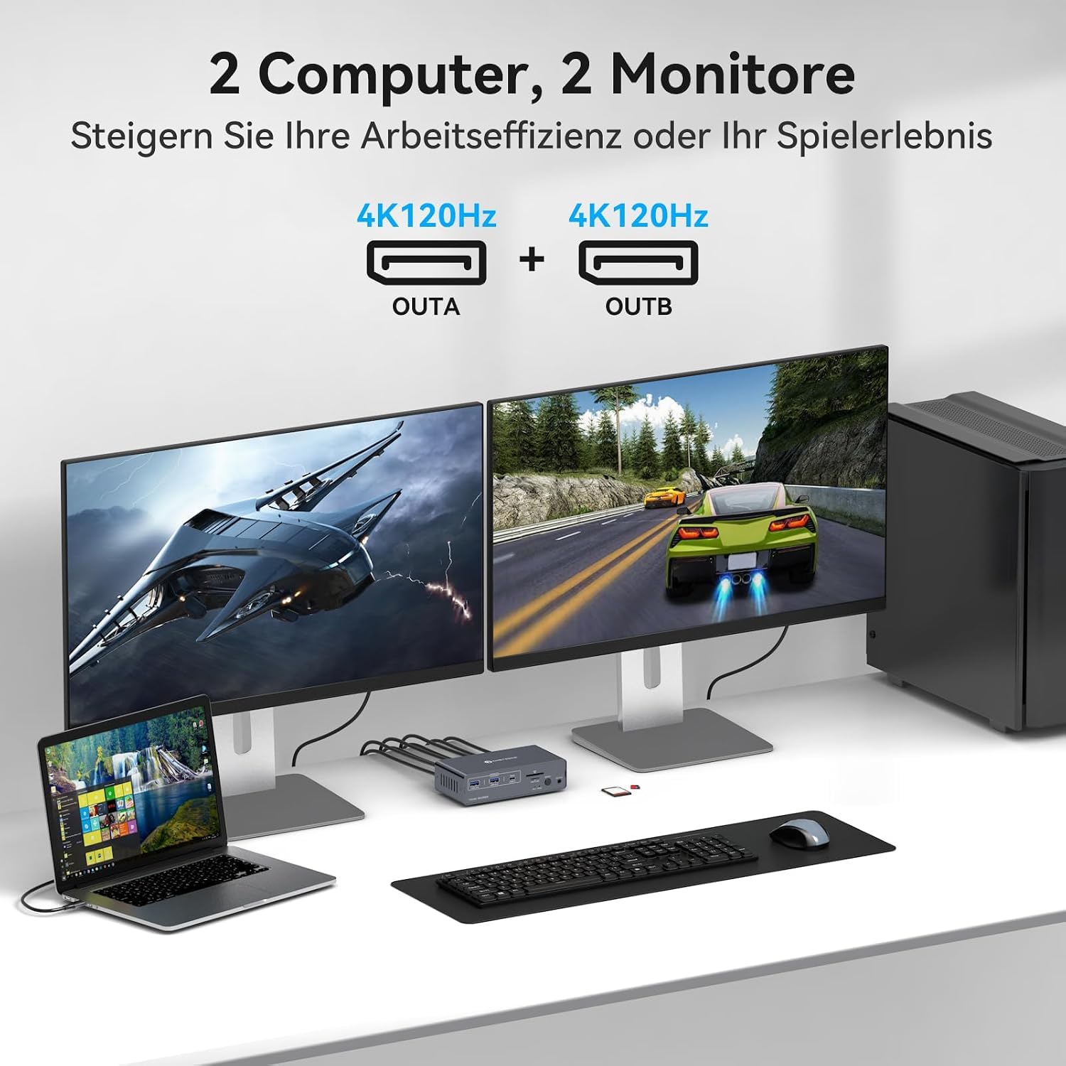 KVM Switch 2 PC 2 Monitore mit Dual 4K@120Hz USB C KVM Switch DisplayPort für Laptop und Desktop PC, 14-in-1 USBC Docking Station mit 100W PD, USB 3.2, SD/TF Kartenleser – Bild 2