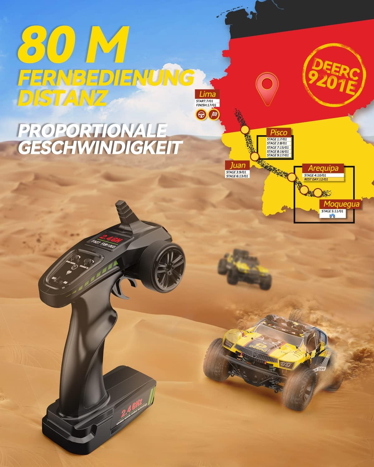 DEERC Ferngesteuerte Auto 1:10 mit Lichtern RC Auto 48km/h 4WD Offroad Hobby Grade Monster Crawler mit 2 Akkus 40 Minuten Laufzeit,2 Autoschalen, für Erwachsene, Kinder (9201E) – Bild 7