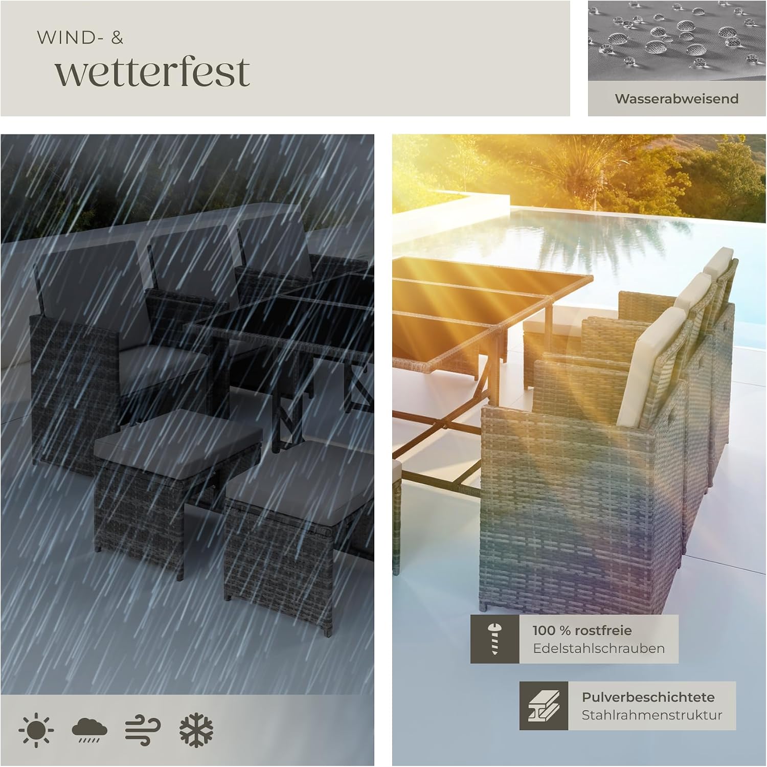 tectake® Outdoor Balkon Gartenmöbel Set, Lounge mit 6 Stühlen, 4 Hocker und 1 Tisch, Poly Rattan Geflecht, wetterfest, platzsparend - grau – Bild 8