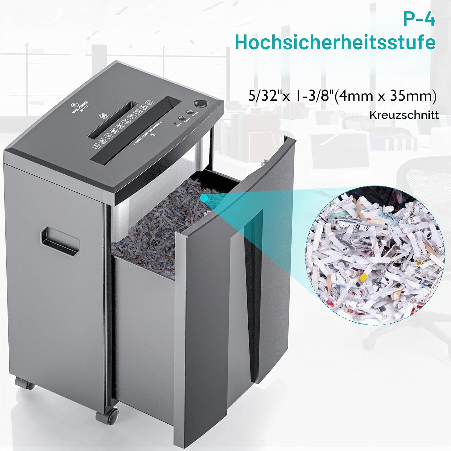WOLVERINE SD9113 Aktenvernichter P-4, 18 Blatt, Partikelschnitt, Grau – Bild 5