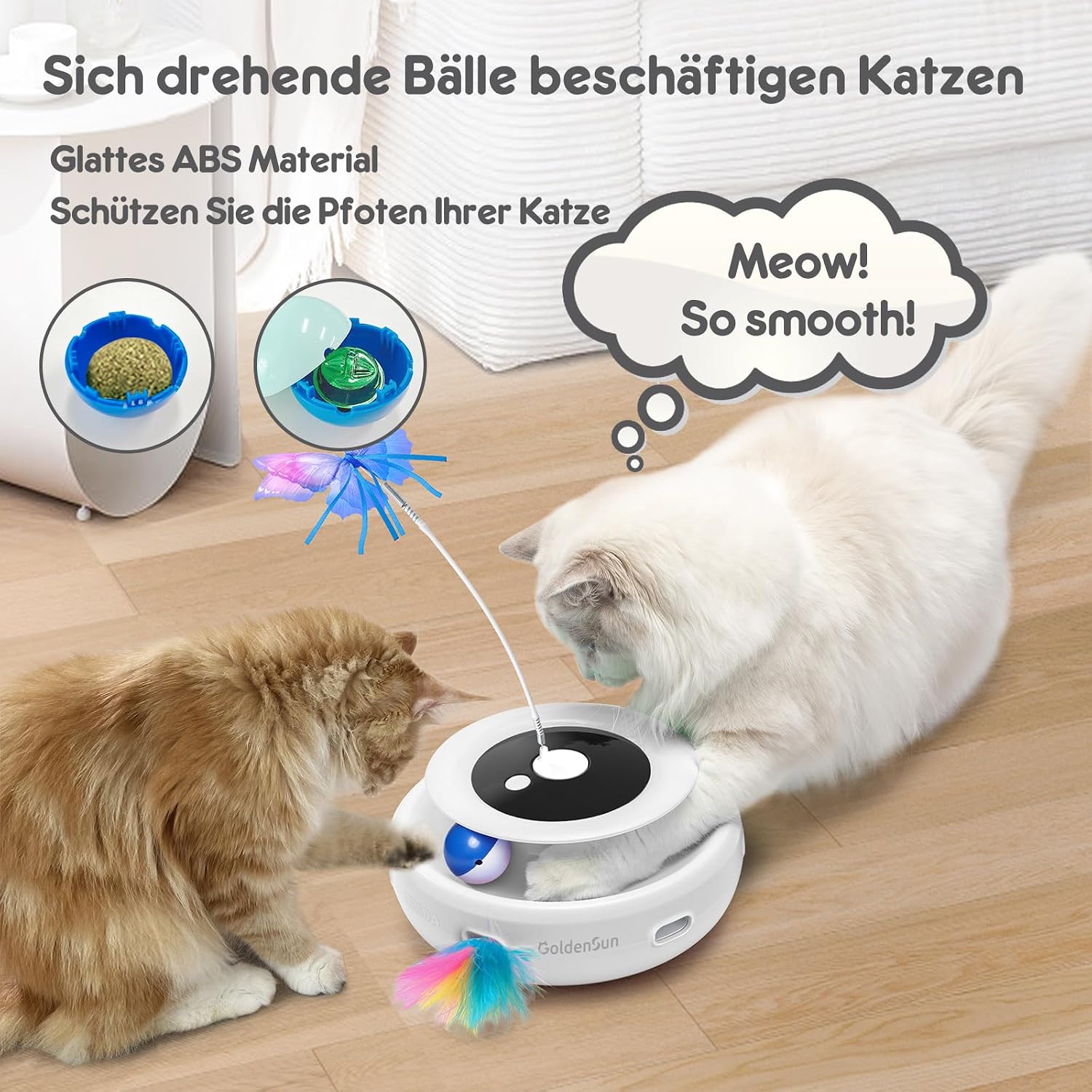 GoldenSun 3 in 1 Interaktives Katzenspielzeug, Elektrisch Automatischer Spielzeug für Katzen, Whack-A-Mole, Fluttering Butterfly, inklusive Ball, USB Wiederaufladbar Katzen Teaser mit 4 Aufsätzen – Bild 3