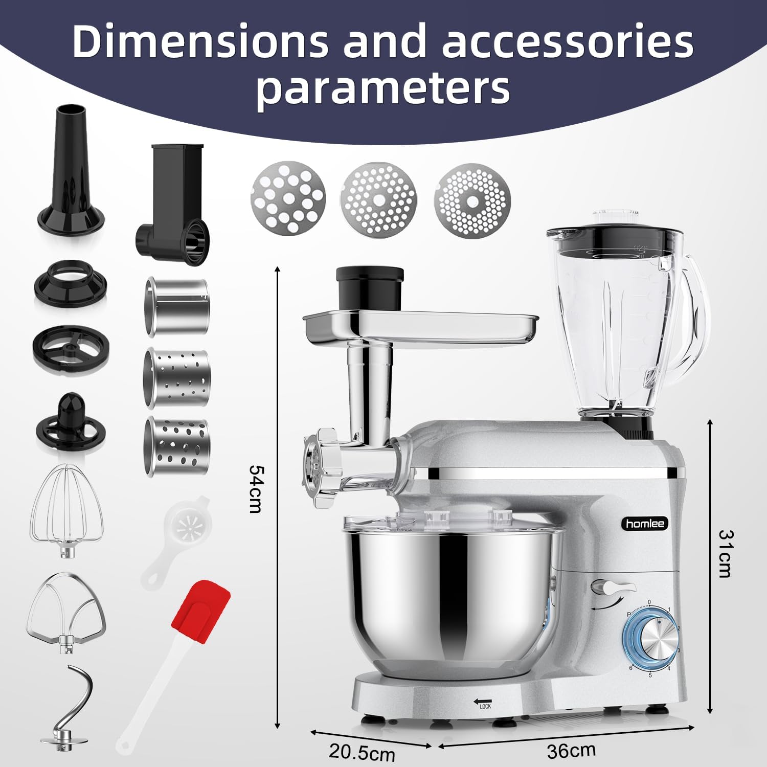 Homlee 3 in 1 Universal Küchenmaschine 2000W Multifunktionale Knetmaschine 6-stufige Gescheindigkeit Mixer, mit Fleischwolf, 1.5L Saftpresse, 5.5L Edelstahlschüssel knetmaschine – Bild 2